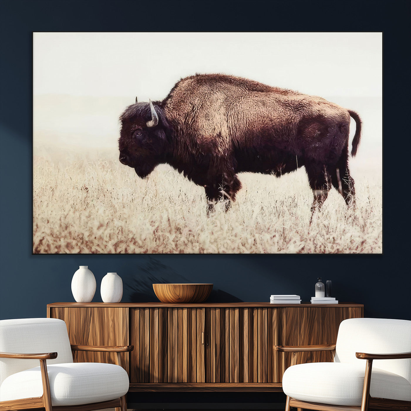 SEG-FC-51X34_Oversize - Bison in Field Wall Art Canvas Print For Farmhouse Barn Decor