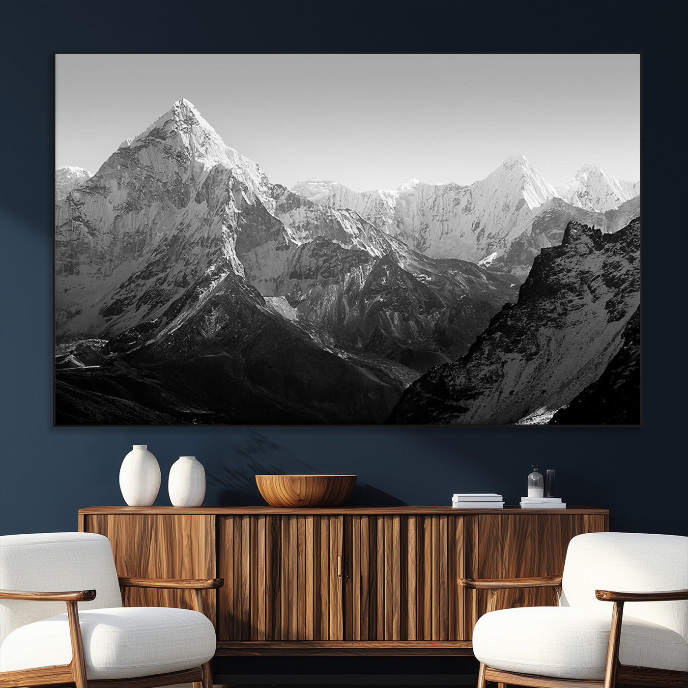 SEG-FC-51X34_Oversize - Everest Himalaya Mountain Peaks Black & White Triptych Canvas Art – Mountain Wall Decor, Everest