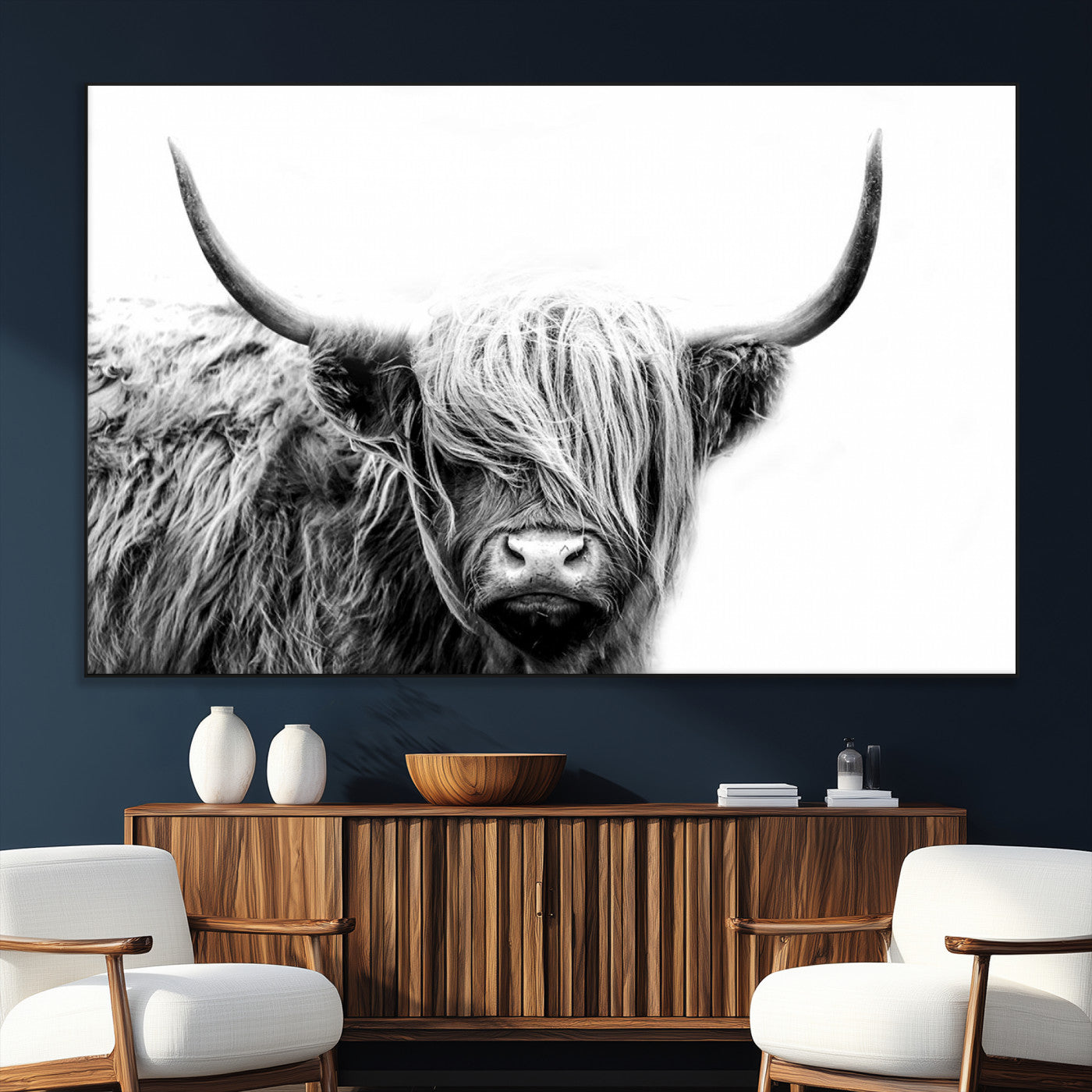 SEG-FC-51X34_Oversize - Black White Scottish Highland Cow Cattle Art Print Farmhouse Wall Art Canvas Print