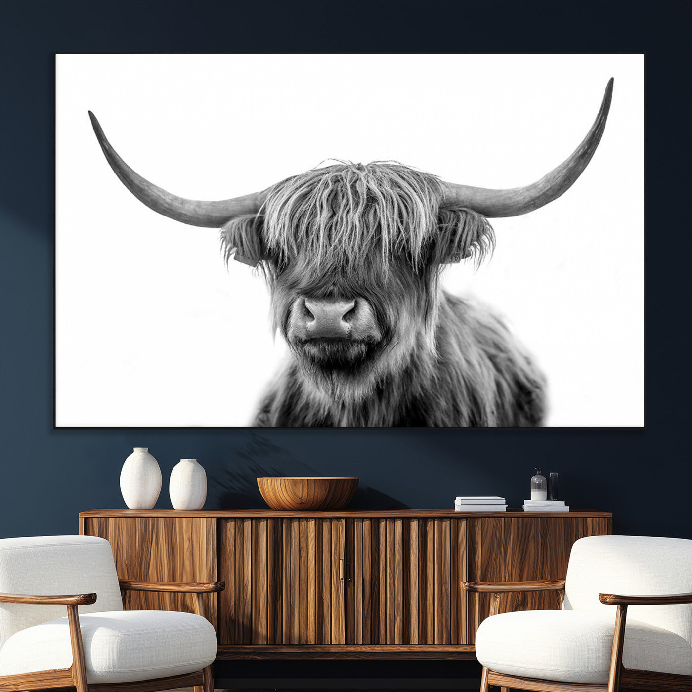 SEG-FC-51X34_Oversize - Grayscale Scottish Highland Cow Cattle Art Print Farmhouse Wall Art Canvas Print