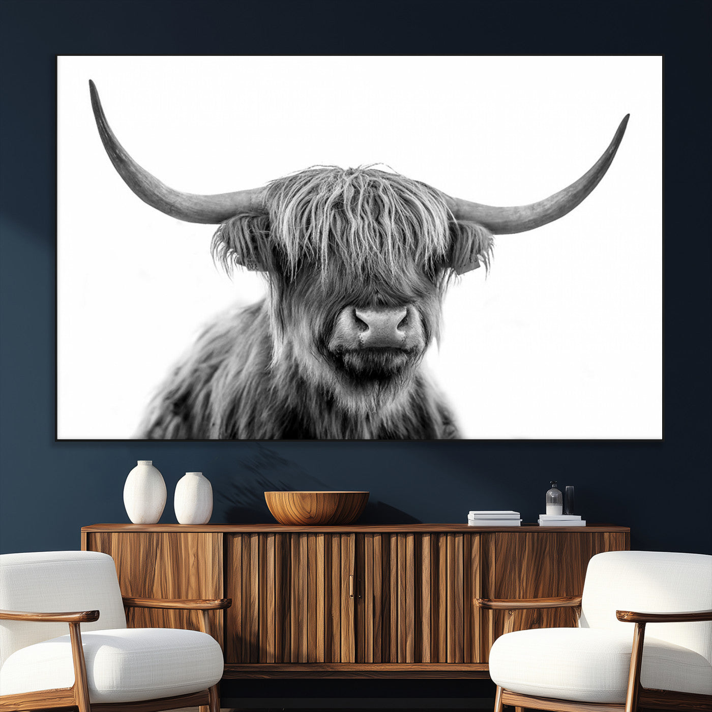SEG-FC-51X34_Oversize - Scottish Highland Cow Cattle Art Print Wall Art Canvas Print for Farmhouse Decor, Framed Scottish