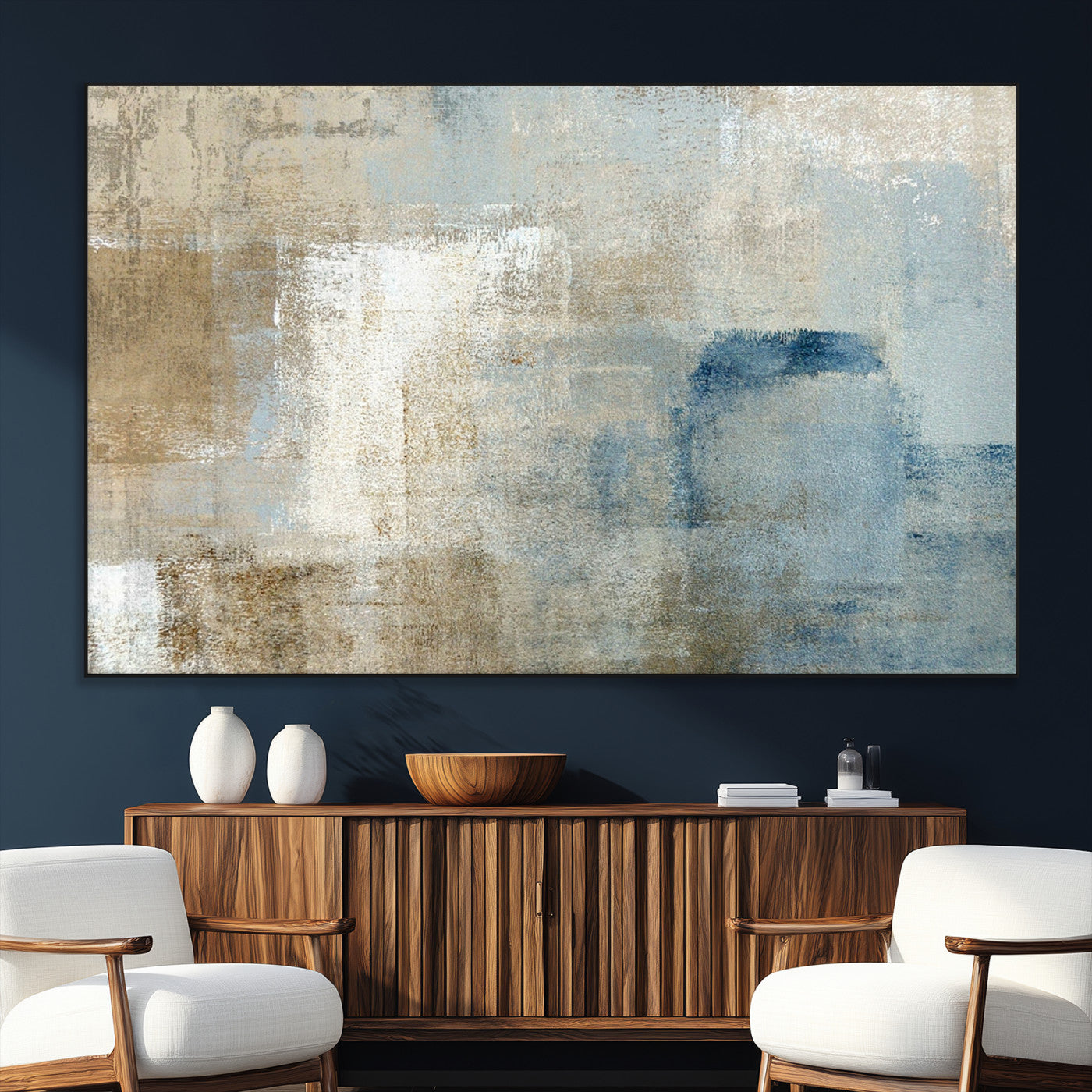 SEG-FC-51X34_Oversize - Abstract Blue and Beige Wall Art, Modern Minimalist Canvas Print Set, Giclee Textured Art, Large