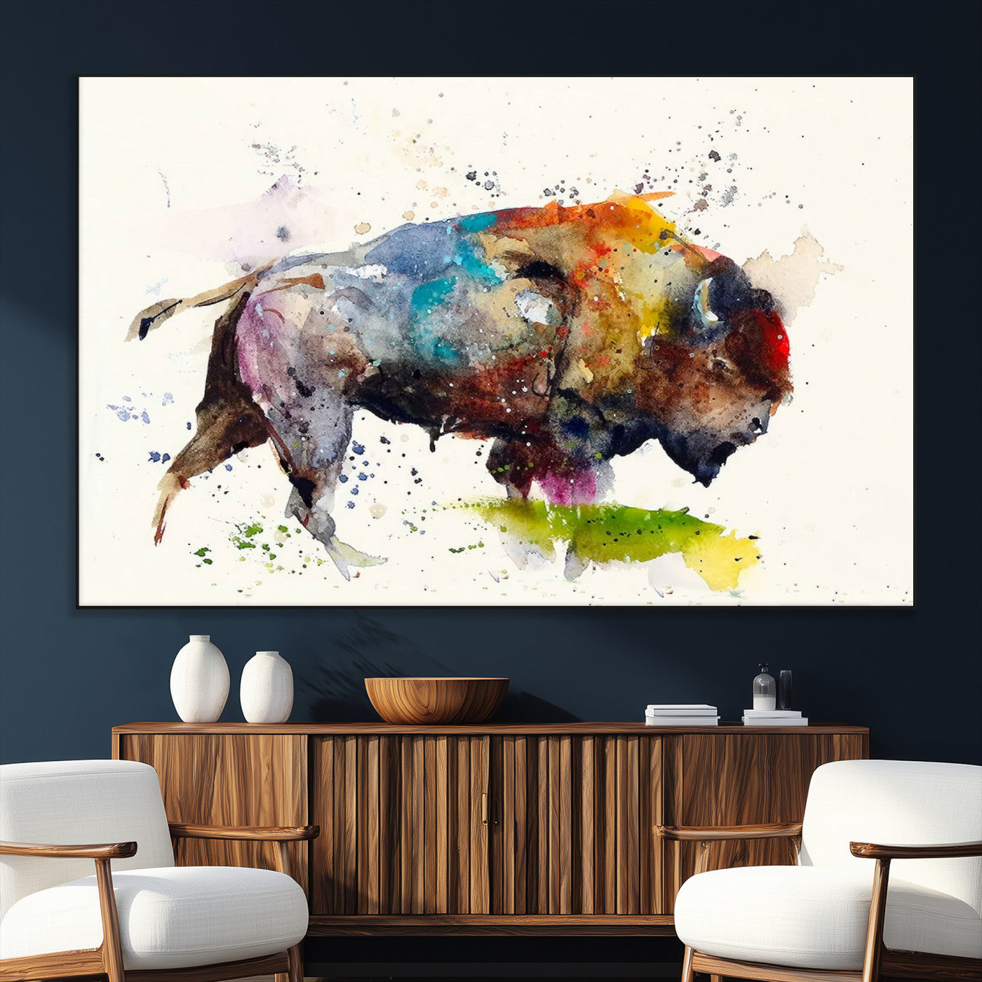 SEG-FC-51X34_Oversize - Abstract Buffalo Wall Art, Western Watercolor Bison Canvas Print, Rustic Buffalo Art for Cowboy and