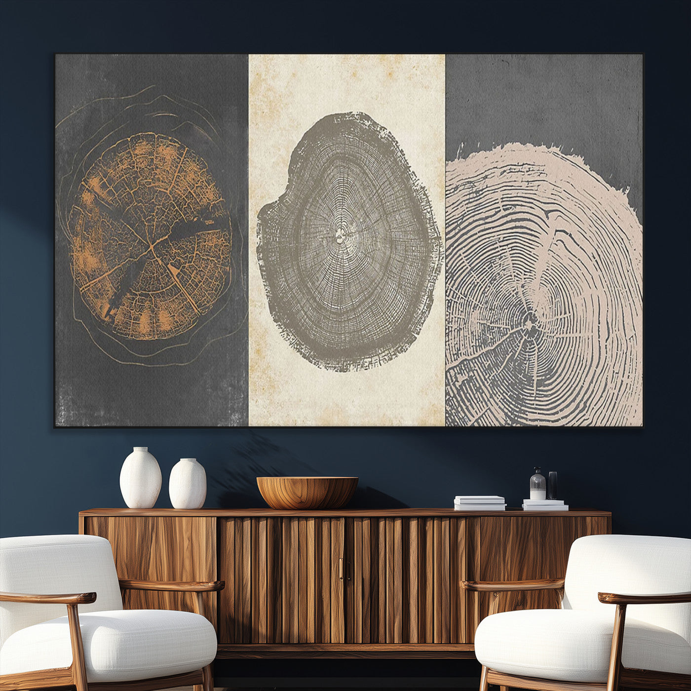 SEG-FC-51X34_Oversize - Boho Tree Ring Wall Art, Modern Minimalist Wood Grain Canvas, Tree Slice for Rustic Decor, Farmhouse