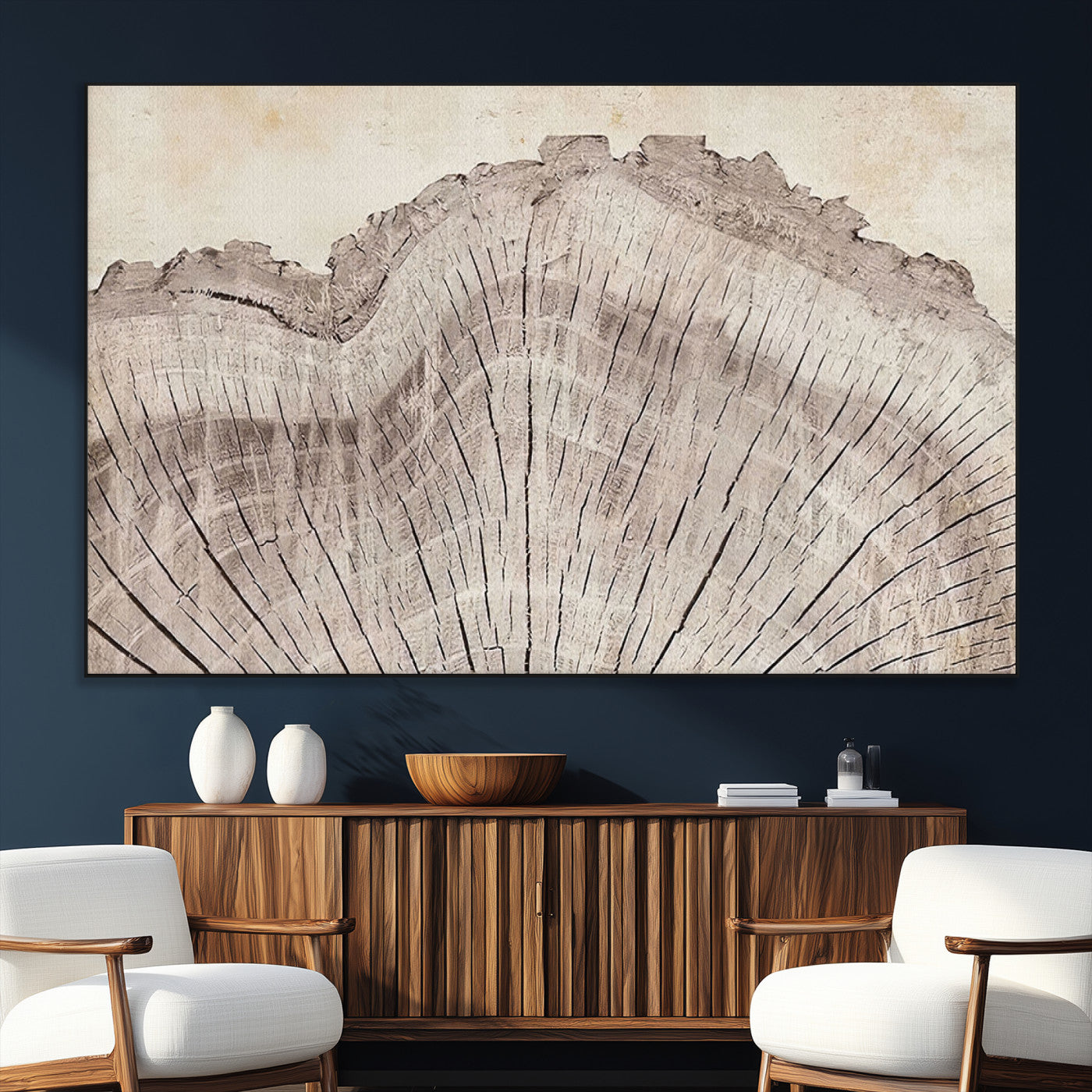 SEG-FC-51X34_Oversize - Tree Ring Wall Art Triptych, Rustic Wood Ring Canvas Print, Minimalist Wall Decor for Modern Homes