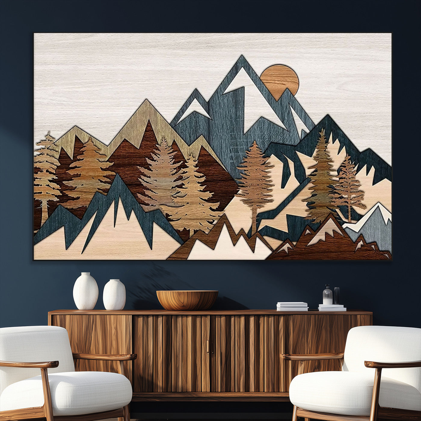 SEG-FC-51X34_Oversize - Rustic Abstract Wood Panel Effect Canvas Mountain Range Top Wood Wall Art Canvas Print