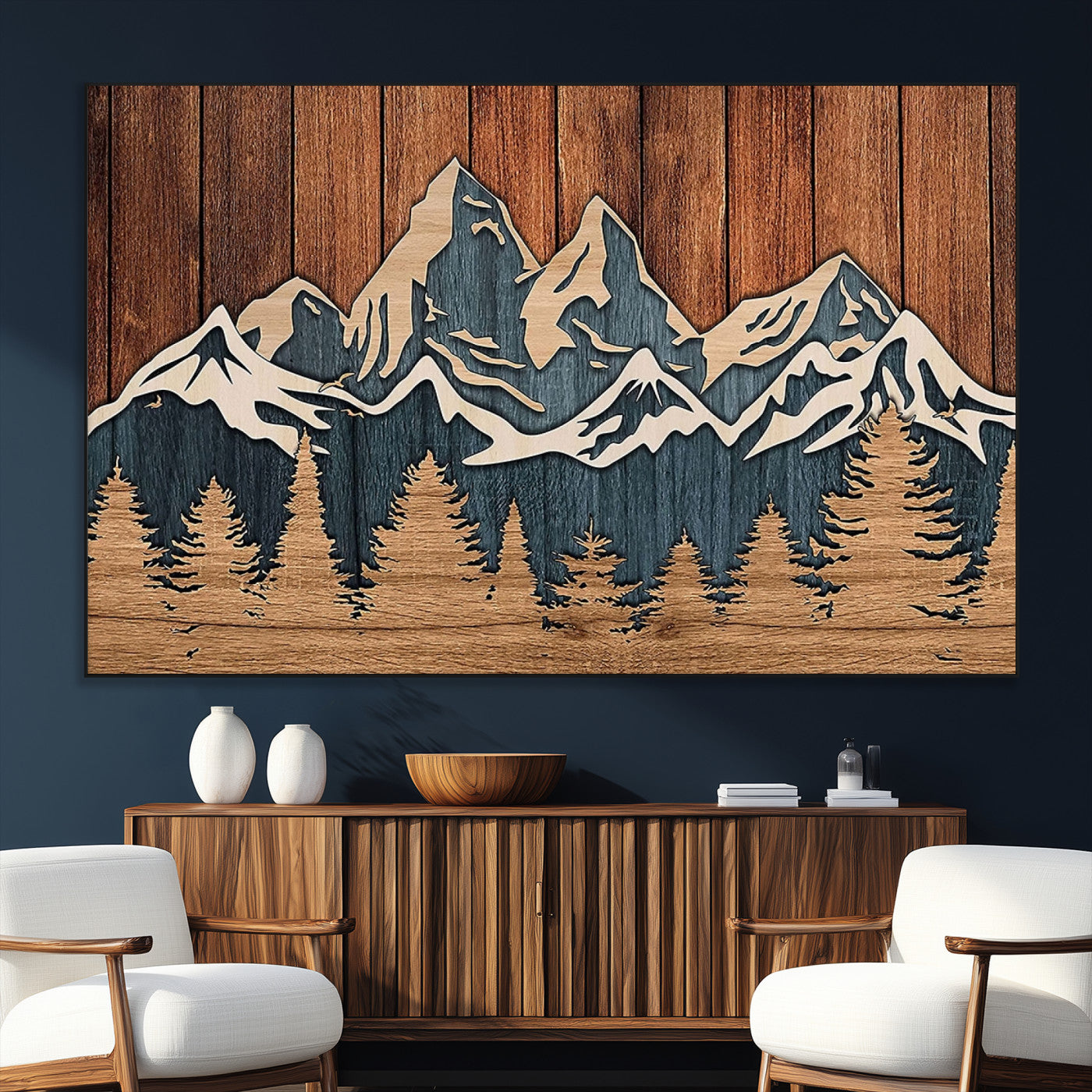 SEG-FC-51X34_Oversize - Rustic Wood Style Mountain Wall Art, Nature Forest Canvas Print, Wooden Textured Mountain Artwork,