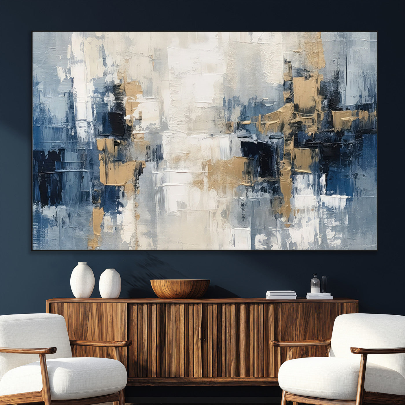 -Modern Abstract Canvas Wall Art in Blue and Gold Tones | Large Contemporary Art for Living Room,
