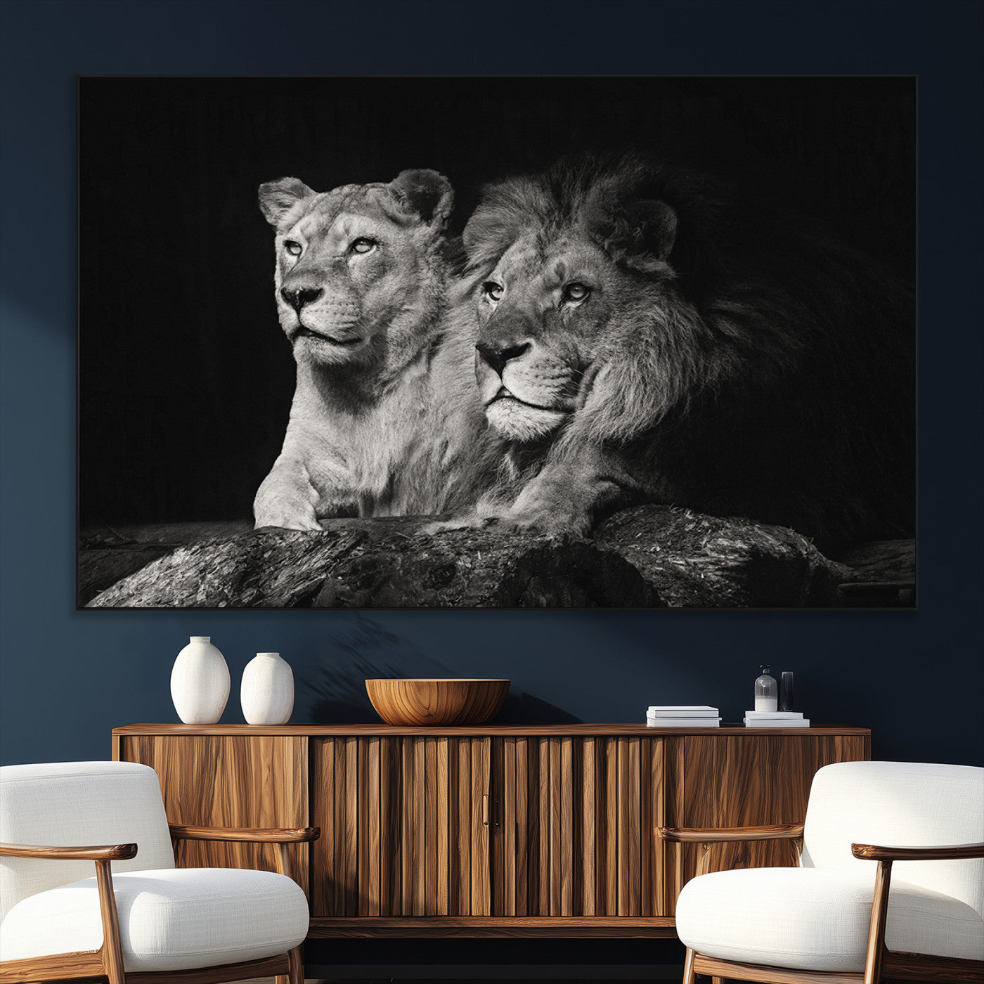 SEG-FC-51X34_Oversize - Lion Couple Canvas Wall Art Print – Elegant Wildlife Portrait in Black and White Lion Family – Ready