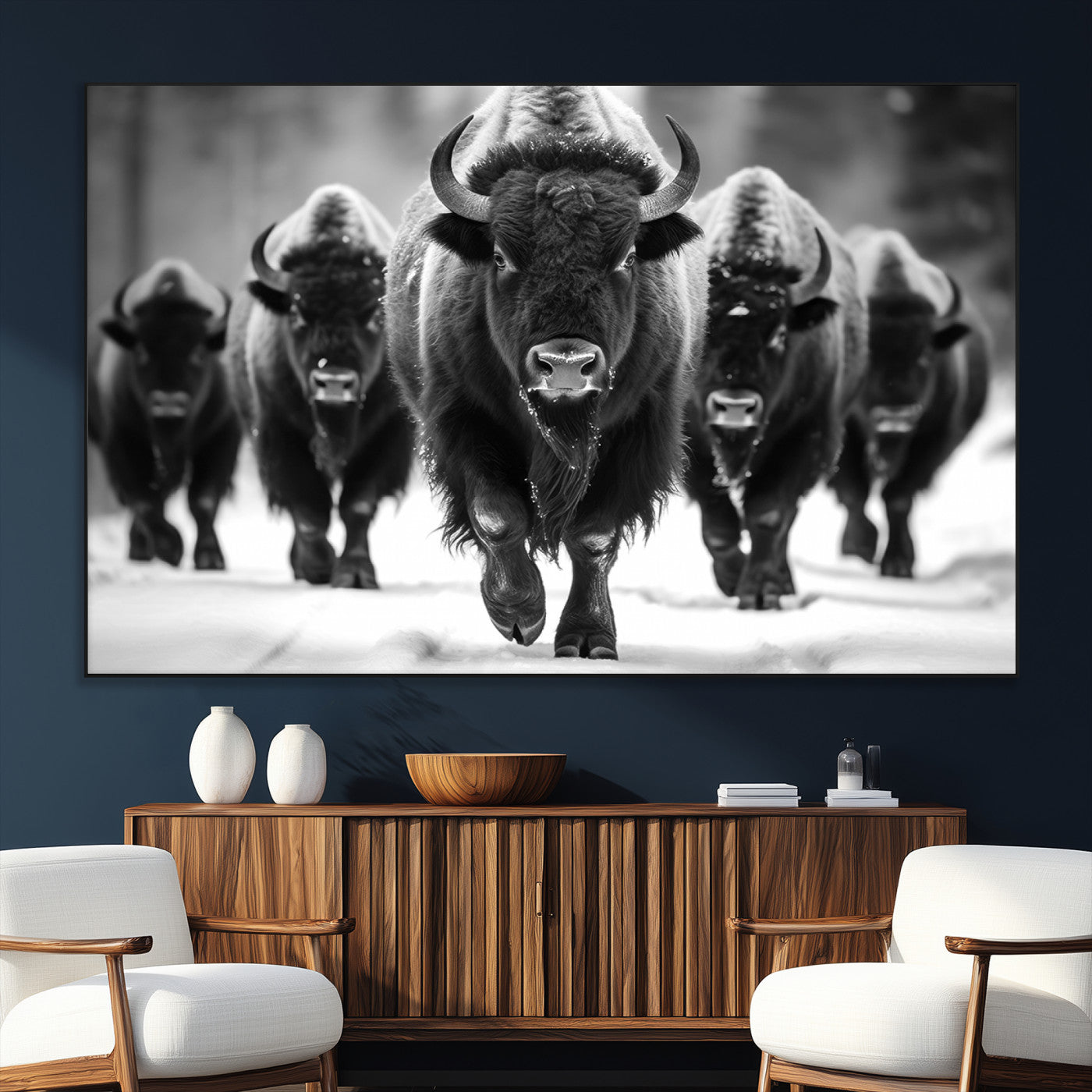 SEG-FC-51X34_Oversize - American Bison Art | Buffalo Herd Wall Art Canvas Print, BW American Bison Herd Wall Art Canvas