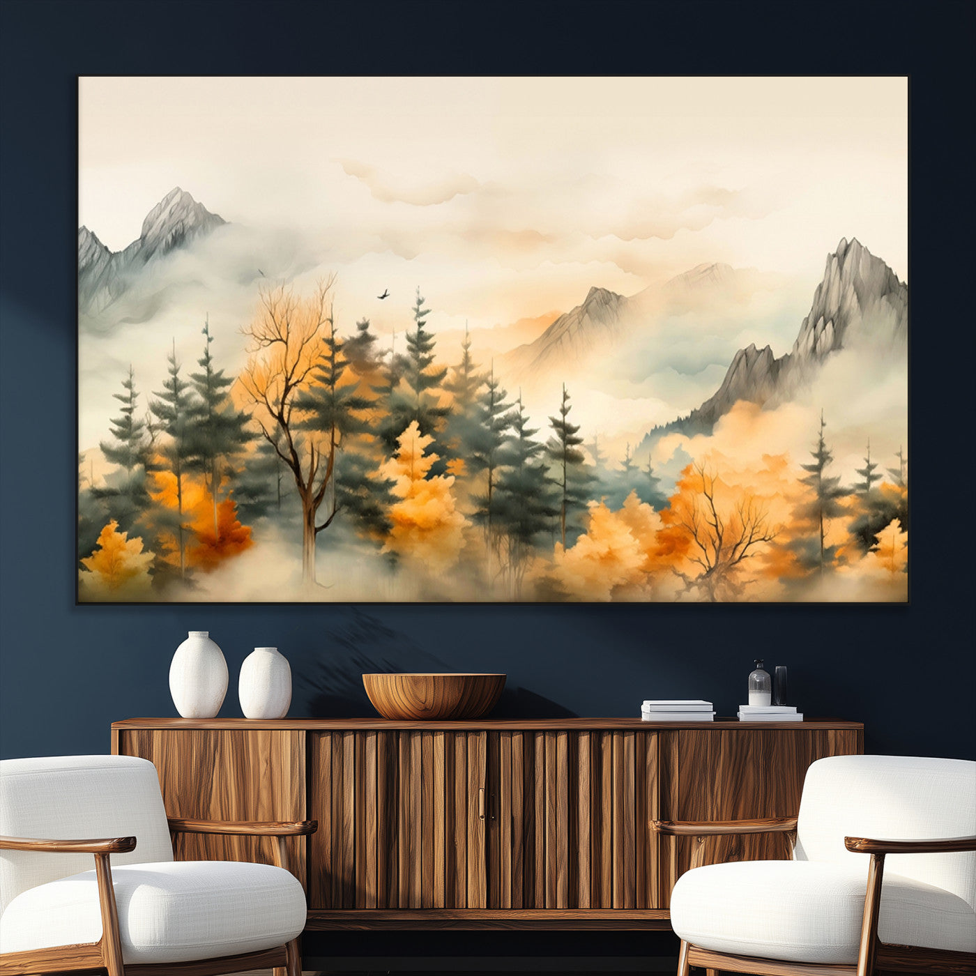 SEG-FC-51X34_Oversize - Abstract Watercolor Mountains and Trees Autumn Art, Watercolor Mountains and Trees Canvas Print