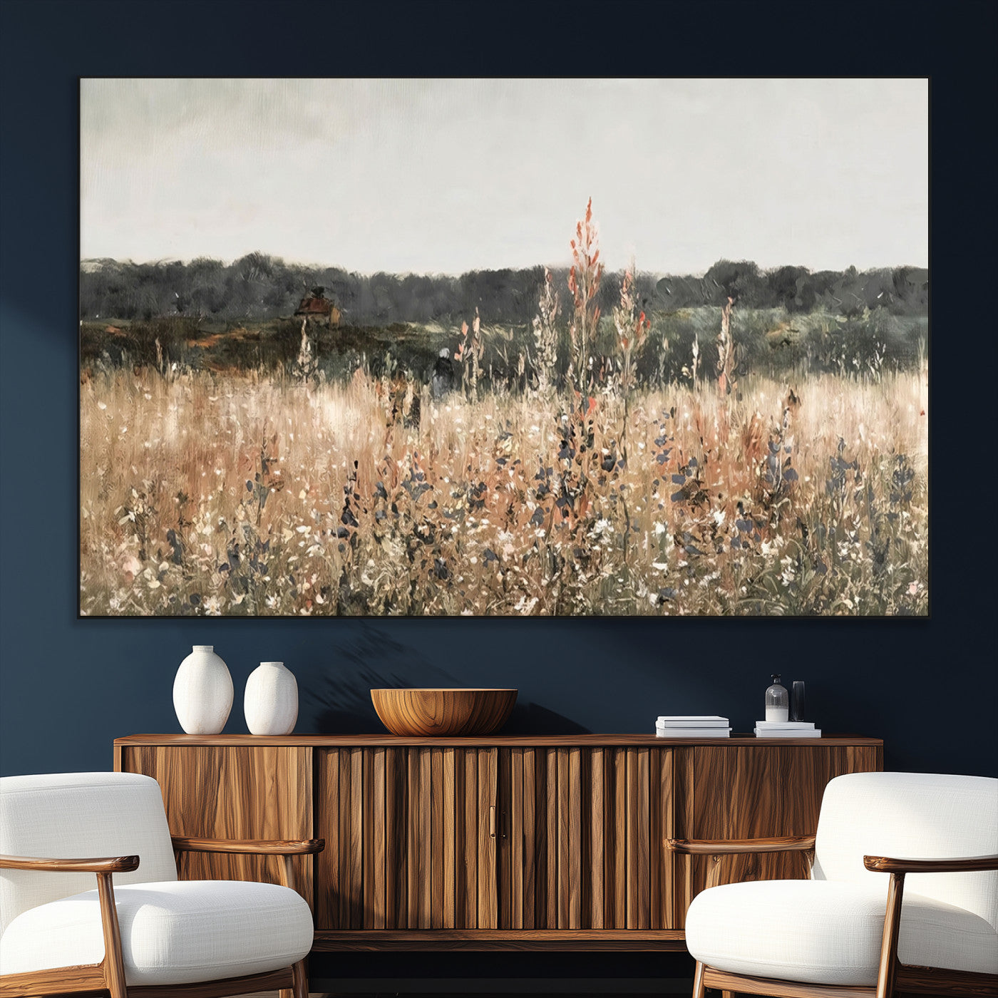 SEG-FC-51X34_Oversize - Abstract Wildflower Art Field Landscape Oil Painting Print, Country Field Wall Art - Framed Ready to Hang