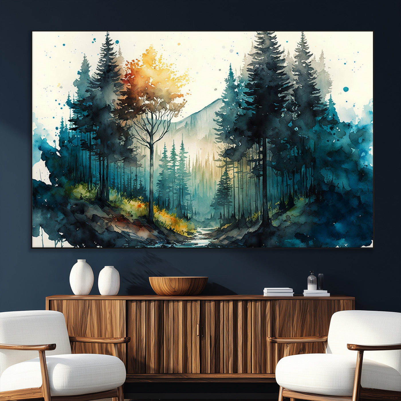 -Watercolor Trees Forest Abstract Wall Art Canvas Print, Framed Watercolor Trees Wall Art
