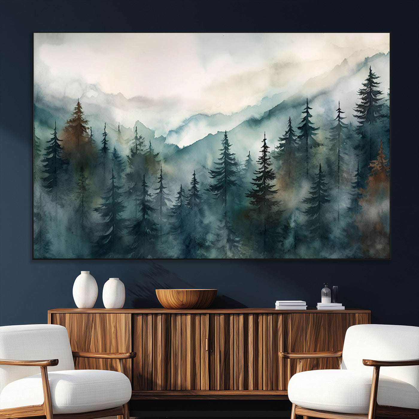 48468-SEG-FC-51X34_Oversize_Oversize-Serenity Forest Wall Art Canvas | Foggy Mountain Landscape Canvas Print for Living Room or Office | Nature-Inspired Woodland Decor