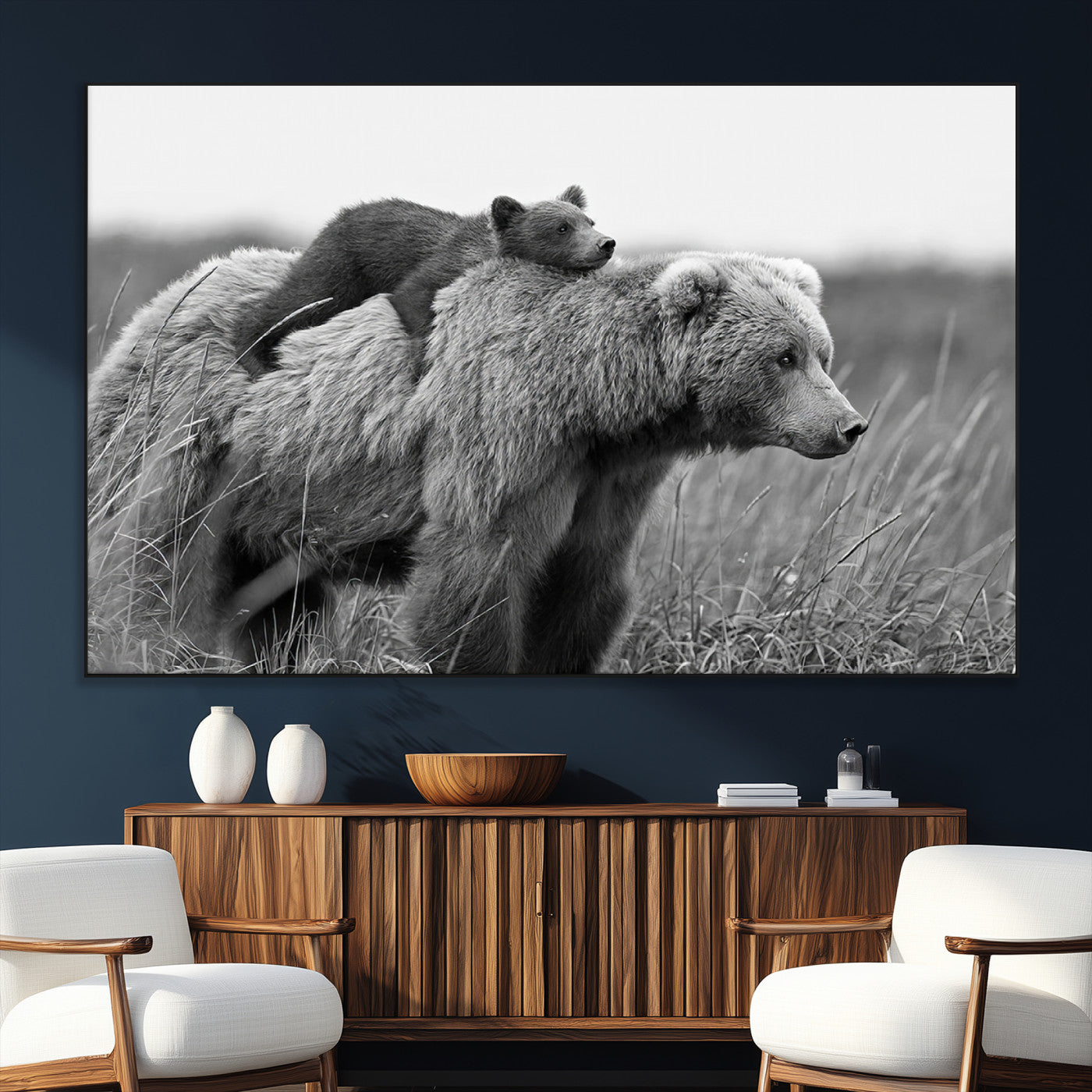 76338-SEG-FC-51X34_Oversize_Oversize-Bear and Cub Wall Art Canvas | 399 Bear Cub Wildlife-Inspired Animal Art for Living Room or Office |
