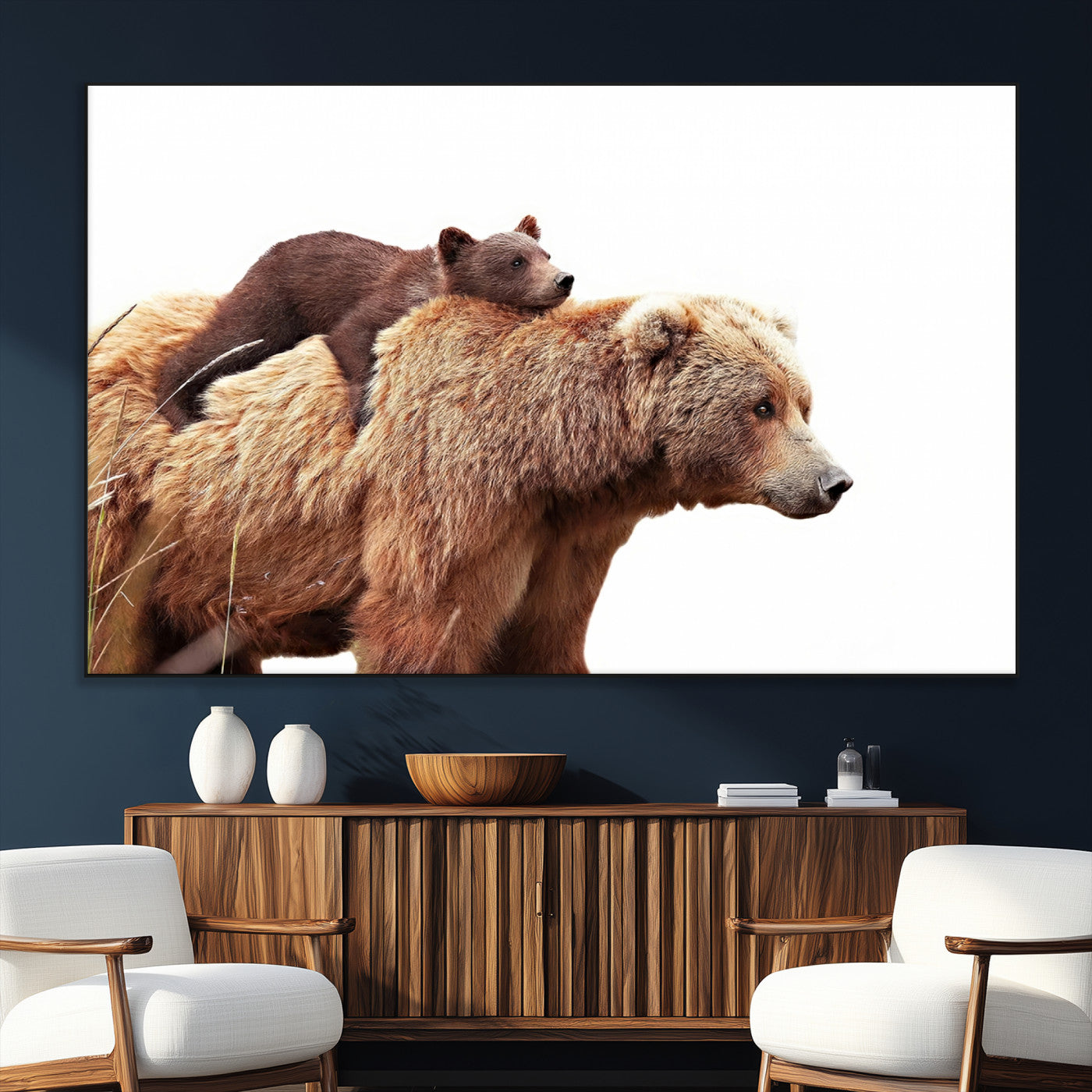 -Mother and Baby Bear Canvas Wall Art - Adorable Wildlife Animal Print, Cozy Rustic Decor for Living