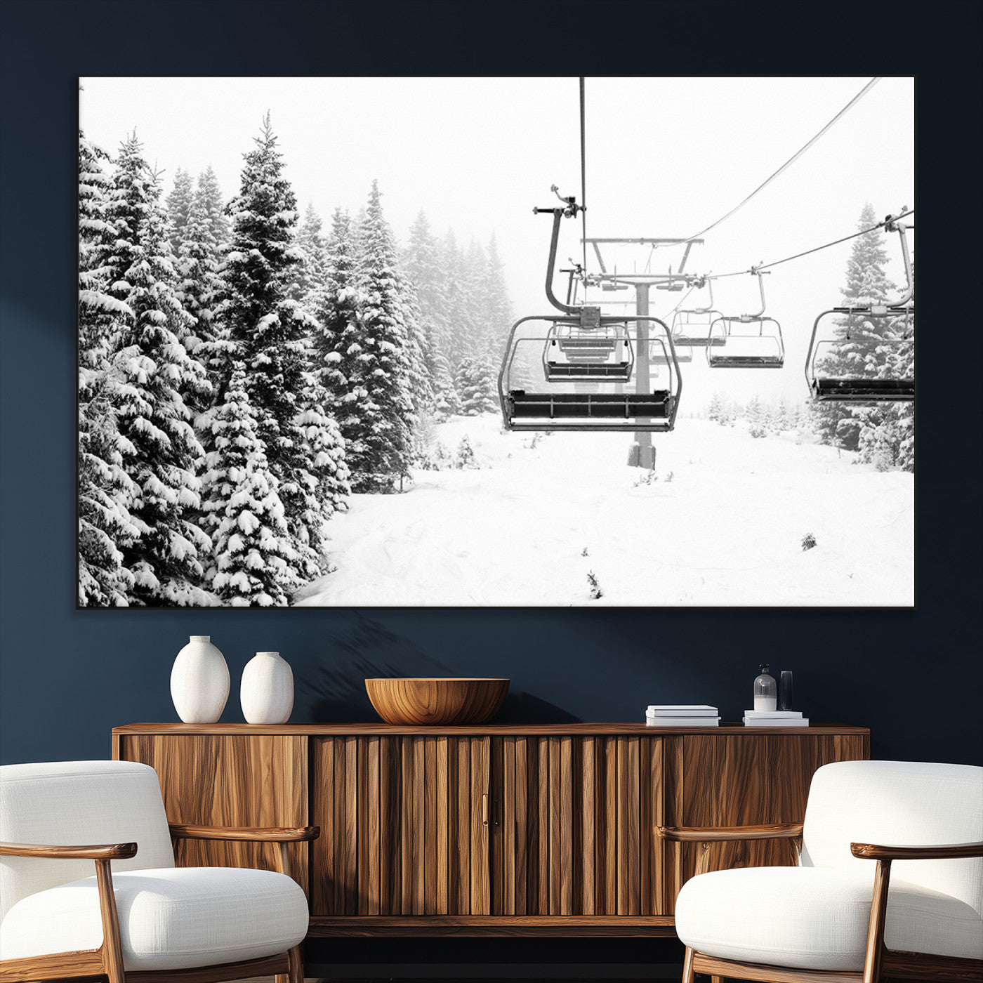 70609-MGV-CV-36X24 - Winter Forest Wall Art Canvas Print, Framed Snowy Forest Art Picture Print, Winter Ski Lift Perfect