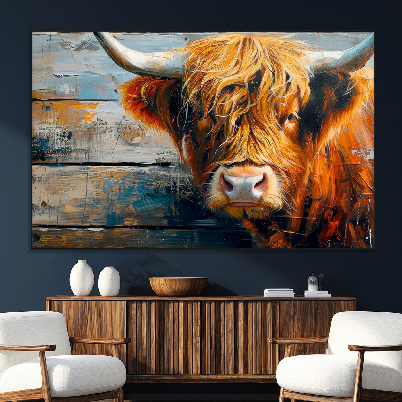92312-SEG-FC-51X34_Oversize_Oversize-Highland Cow Abstract Canvas Wall Art – Bold Farmhouse Rustic Decor – Ready to Hang