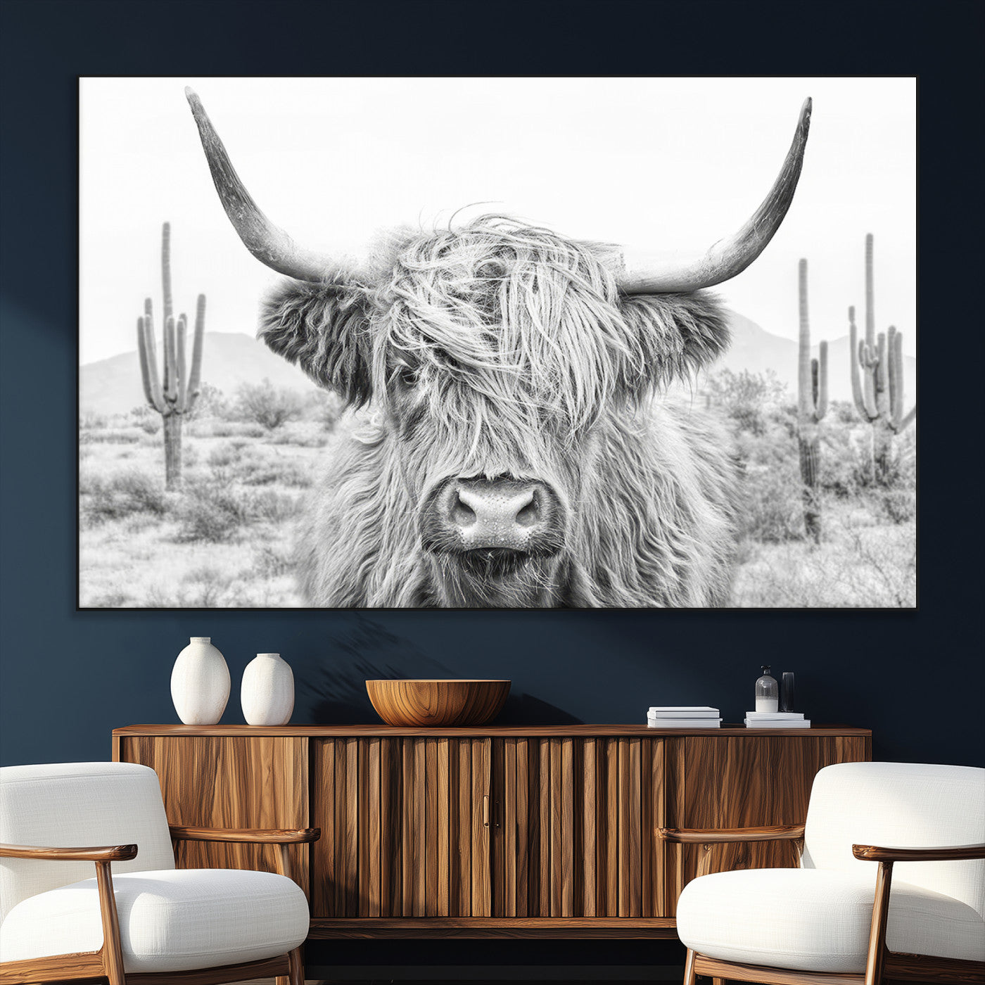 94579-SEG-FC-51X34_Oversize_Oversize-Rustic Charm | Cow Longhorn Black White Bighorn Wall Art Canvas Print | Farmhouse Wall Art