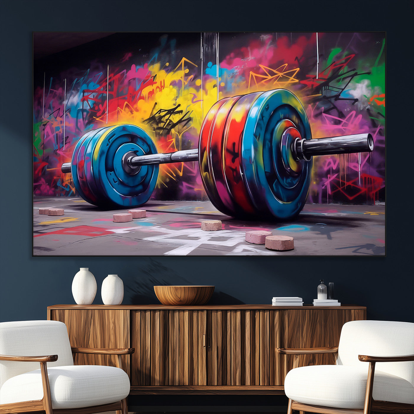 SEG-FC-51X34_Oversize - Abstract Graffiti Barbell Canvas Wall Art – Urban Fitness Meets Bold Street Art Print - Gym Wall Art Print