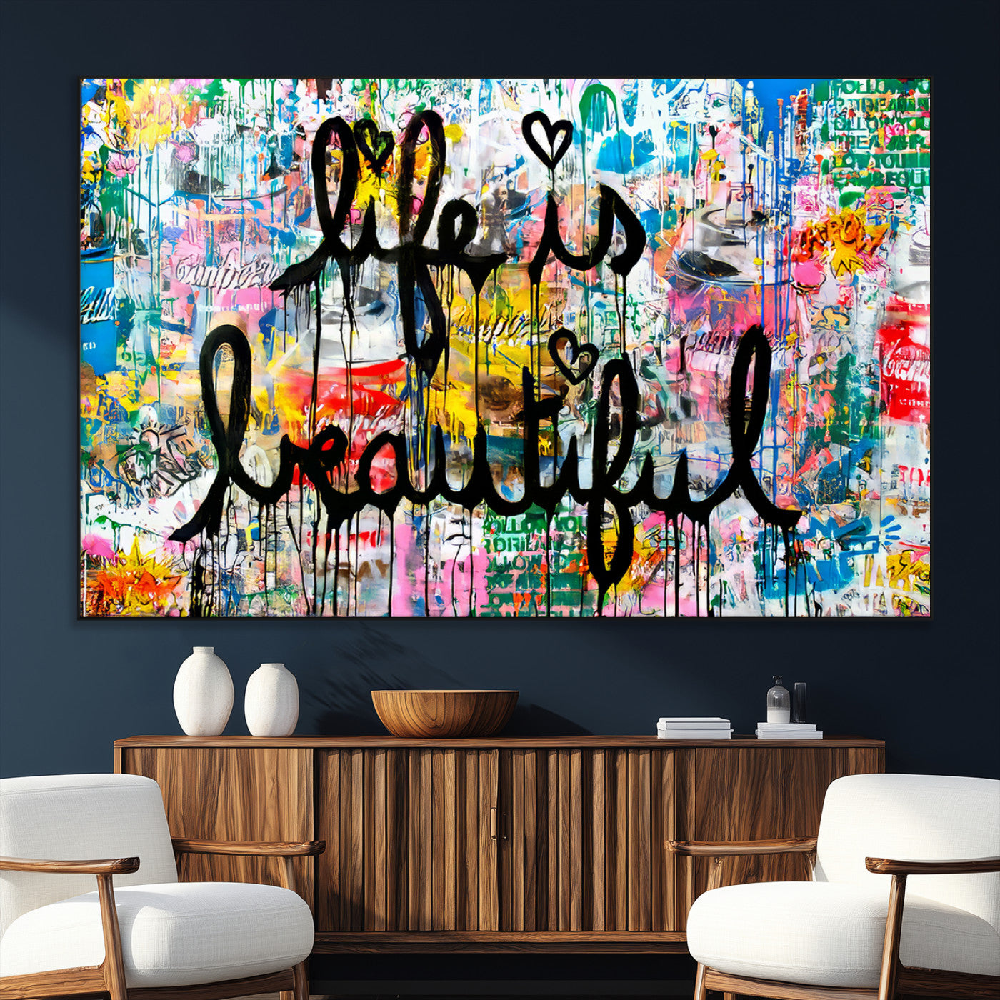 SEG-FC-51X34_Oversize - Life Beautiful Art Print - Banksy Graffiti Wall Art Canvas Print | Graffiti Wall Art Canvas Print