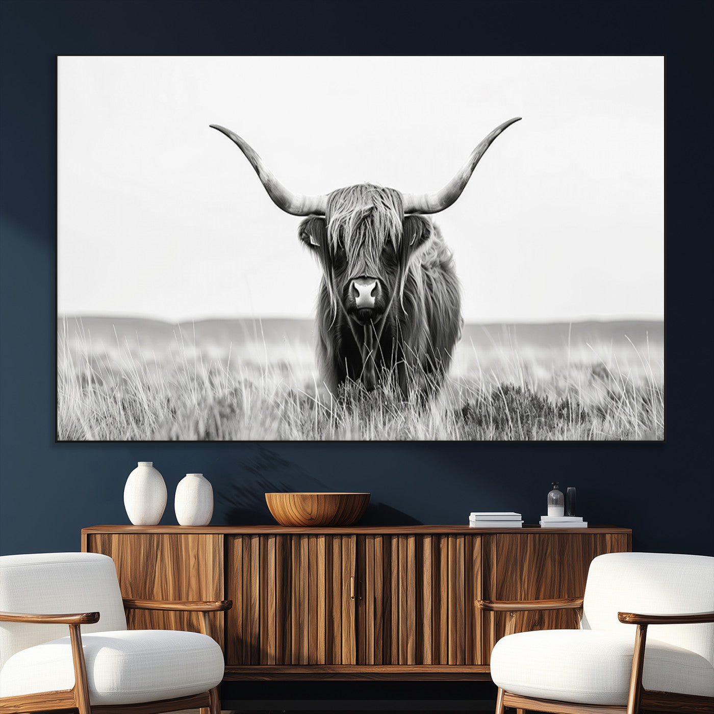SEG-FC-51X34_Oversize - Highland Cow Canvas Wall Art – Majestic Beauty in Black and White