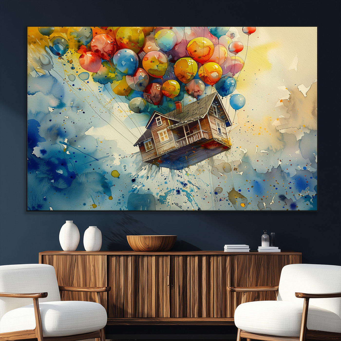 SEG-FC-51X34_Oversize - UP-Inspired Floating House with Balloons Canvas Art – Colorful 3-Panel Wall Decor for Living Room,