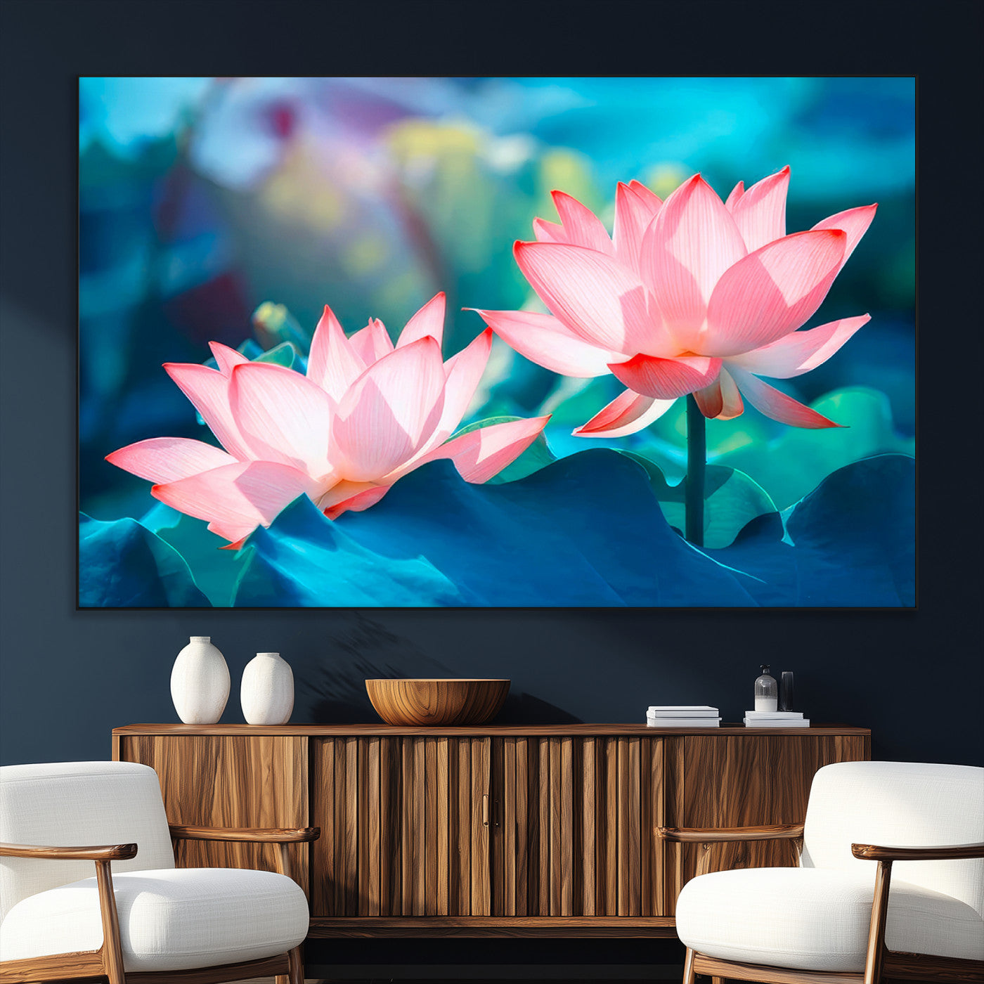SEG-FC-51X34_Oversize - Pink Lotus Flower Canvas Wall Art | Vibrant Floral Wall Decor for Living Room, Office, or Bedroom |