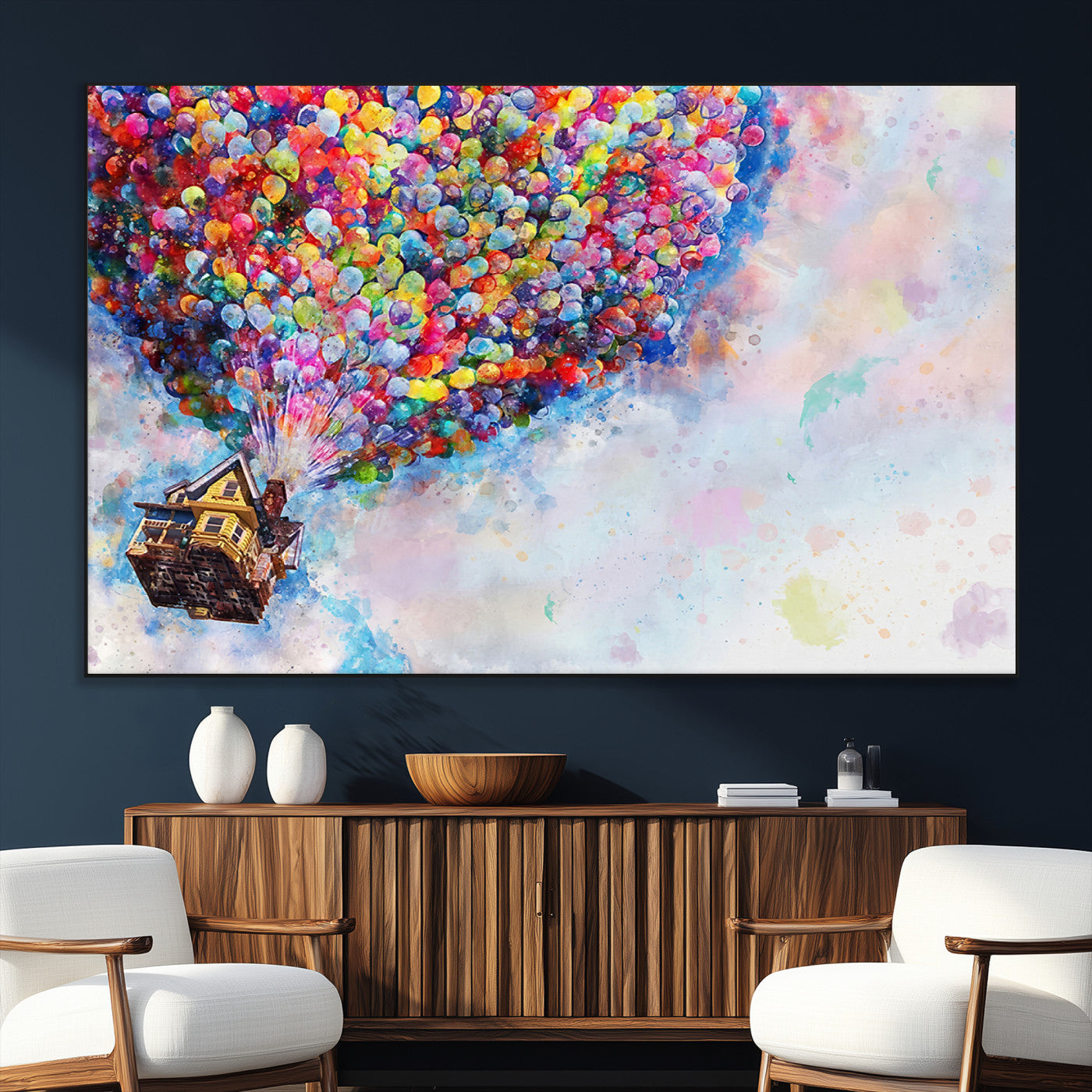SEG-FC-51X34_Oversize - Don't Look Up Movie Canvas Wall Art - Vibrant Floating House and Balloons Scene, Tribute to Iconic