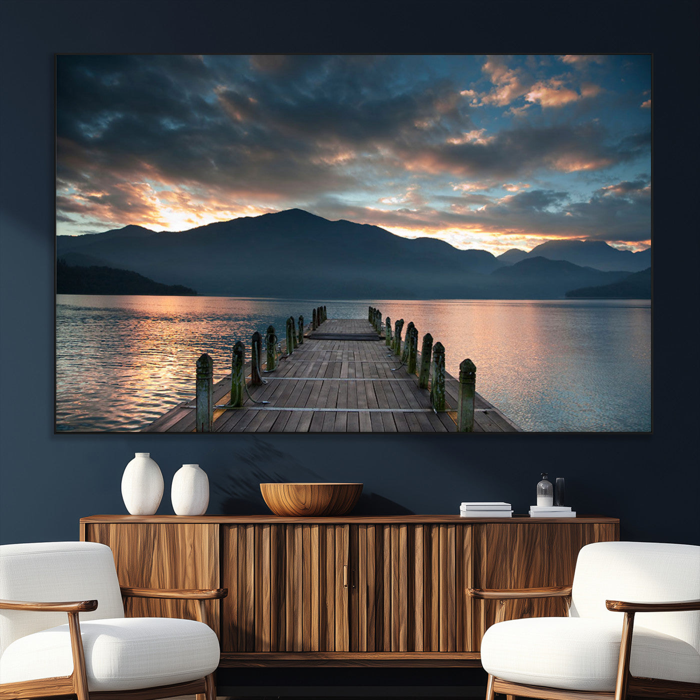 20442-SEG-FC-51X34_Oversize_Oversize-Mountain Lake Wood Pier Canvas Wall Art Nature Lake Print