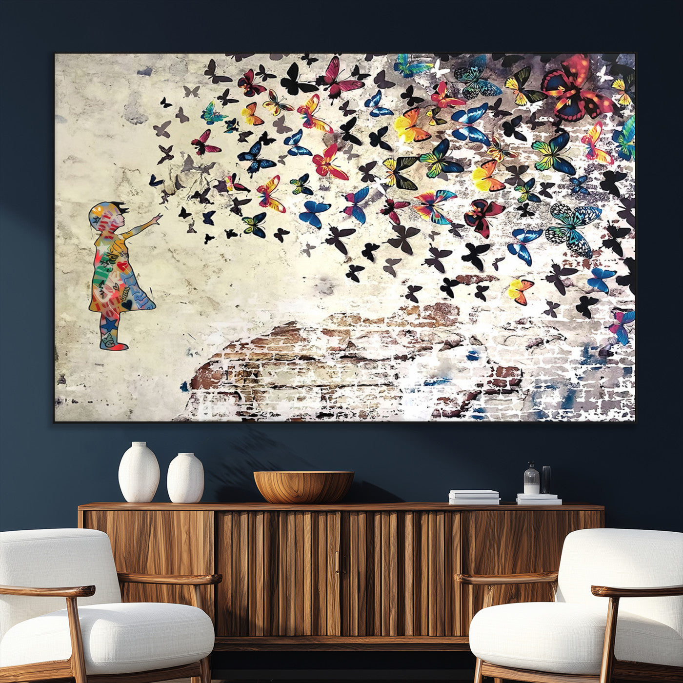 SEG-FC-51X34_Oversize - Banksy Wall Art - Banksy Girl Butterfly Graffiti Wall Art Canvas Print - Butterfly Girl and Freedom