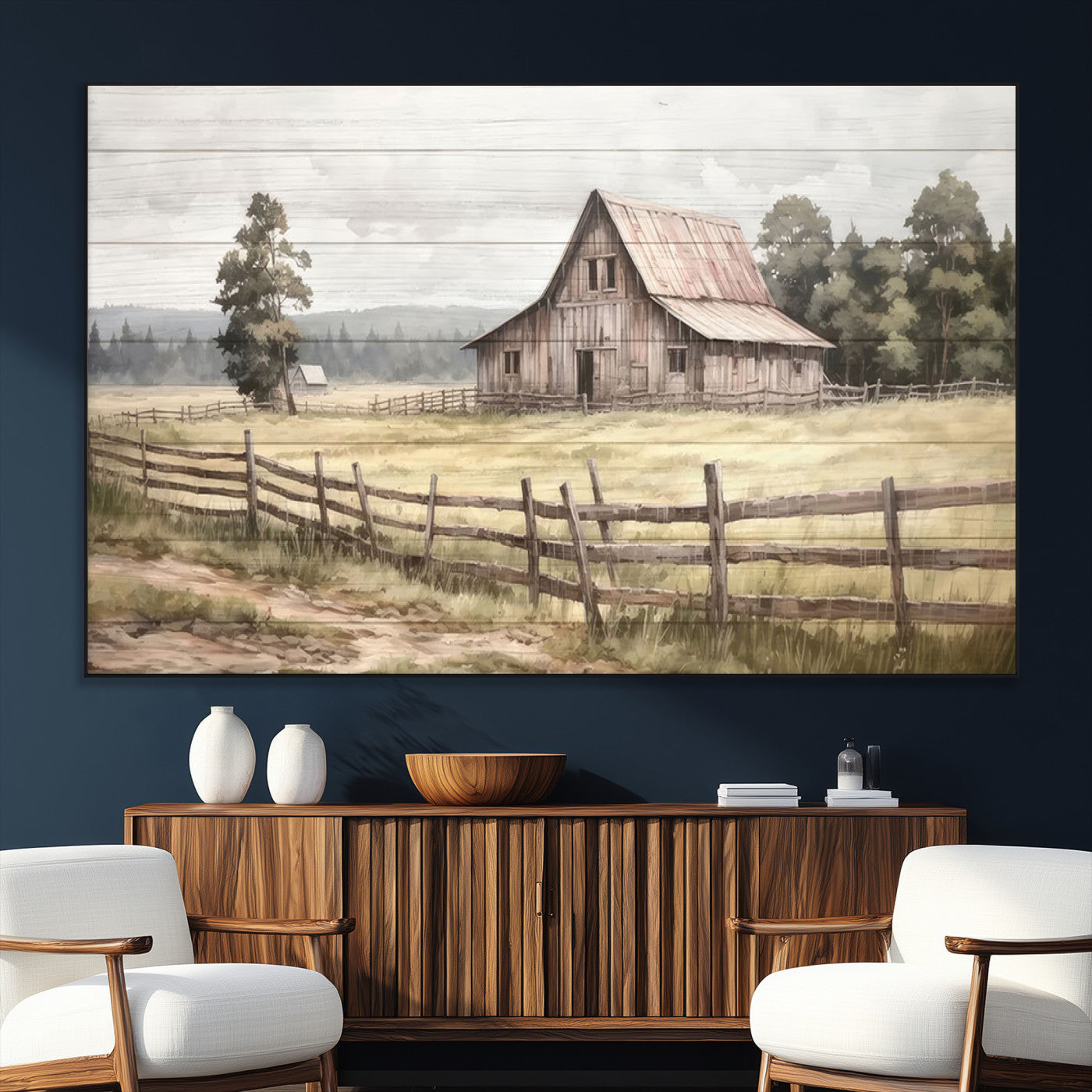87489-SEG-FC-51X34_Oversize_Oversize-Rustic Farmhouse Barn Wall Art | 3-Panel Framed Gallery Wrap Giclee Canvas Print for Living Room,