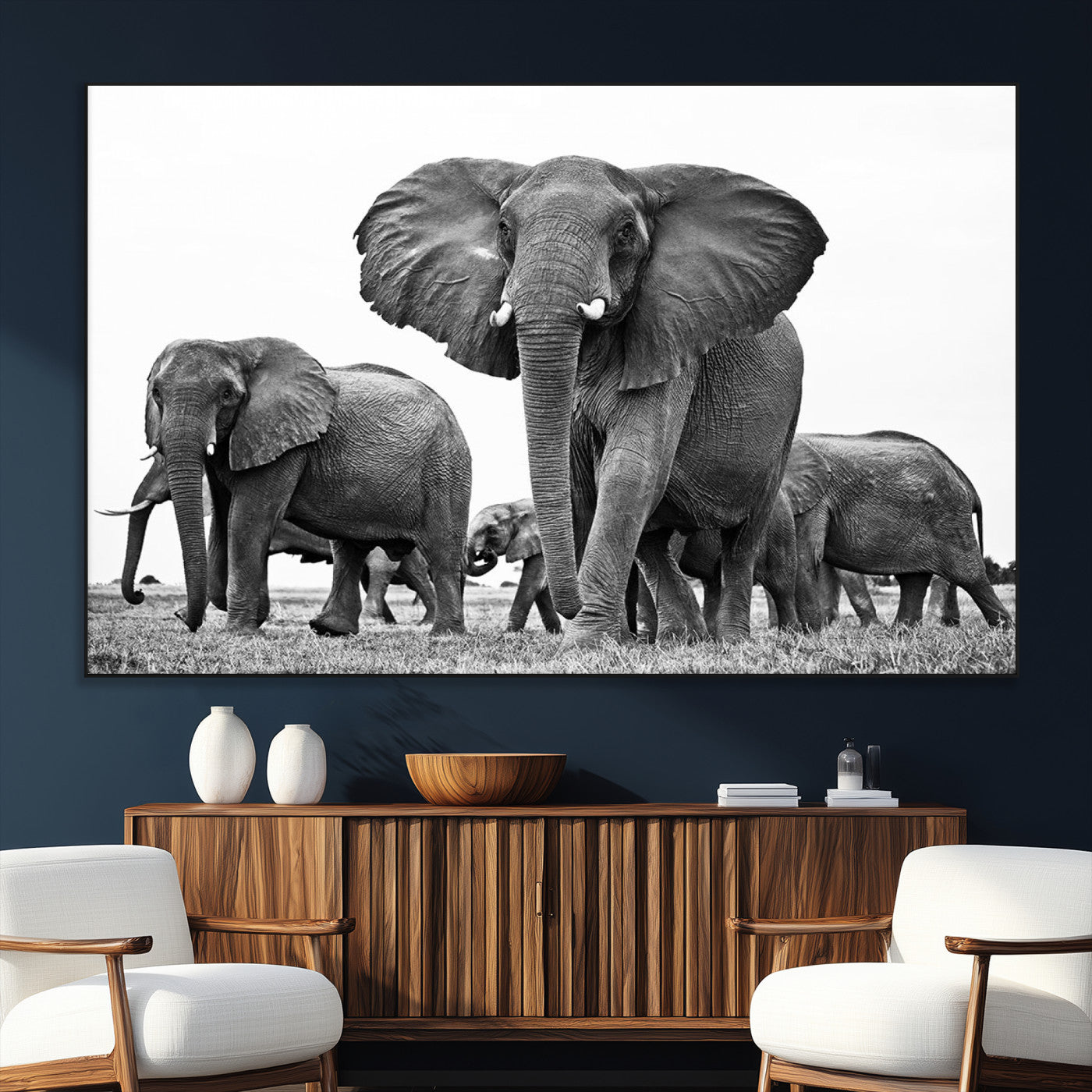 91685-SEG-FC-51X34_Oversize_Oversize-Black White Elephant Family Wall Art Canvas Print