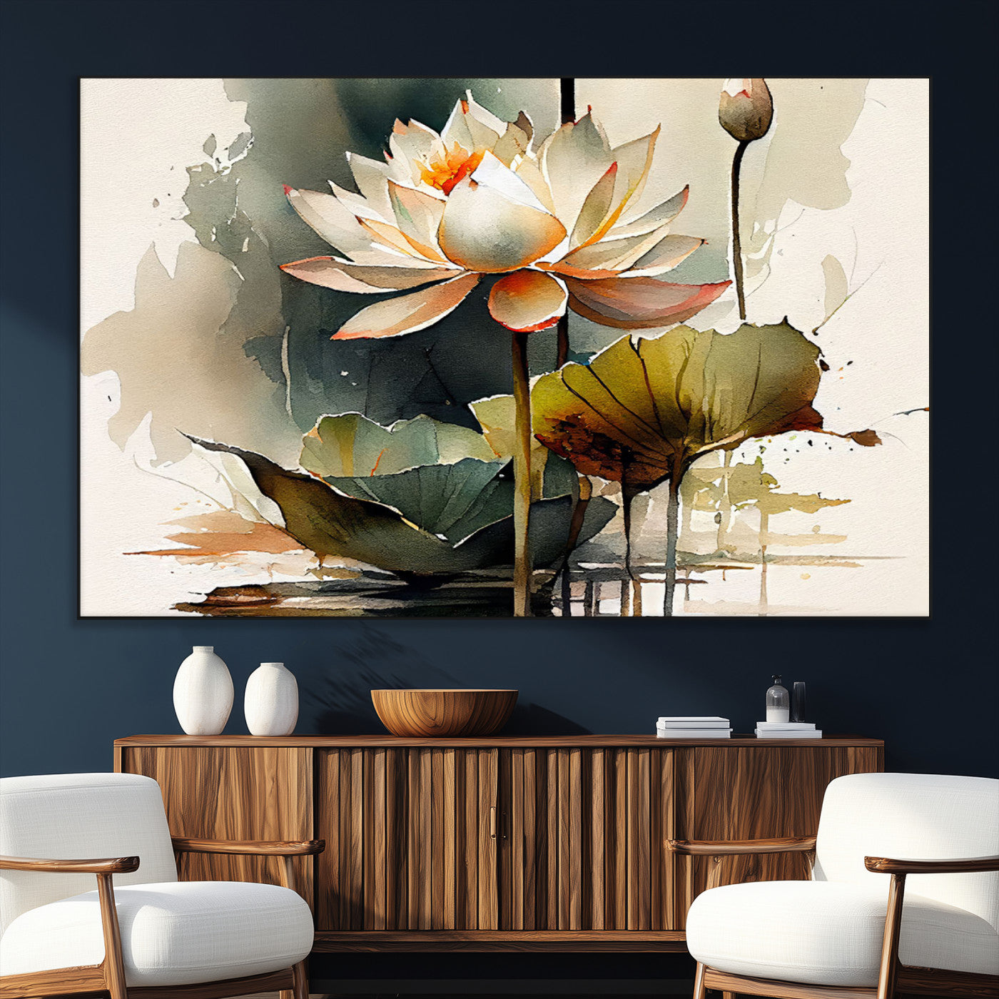 SEG-FC-51X34_Oversize - Lotus Flower Watercolor Canvas Print – A Symbol of Serenity and Growth, Captured in Soft Watercolors
