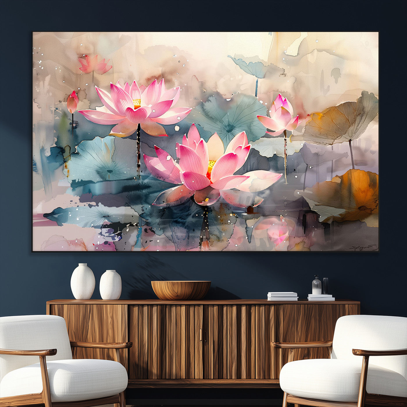 SEG-FC-51X34_Oversize - Lotus Flower Wall Art | 3-Panel Giclee Canvas Print of Pink Lotus Blossoms for Living Room, Bedroom,