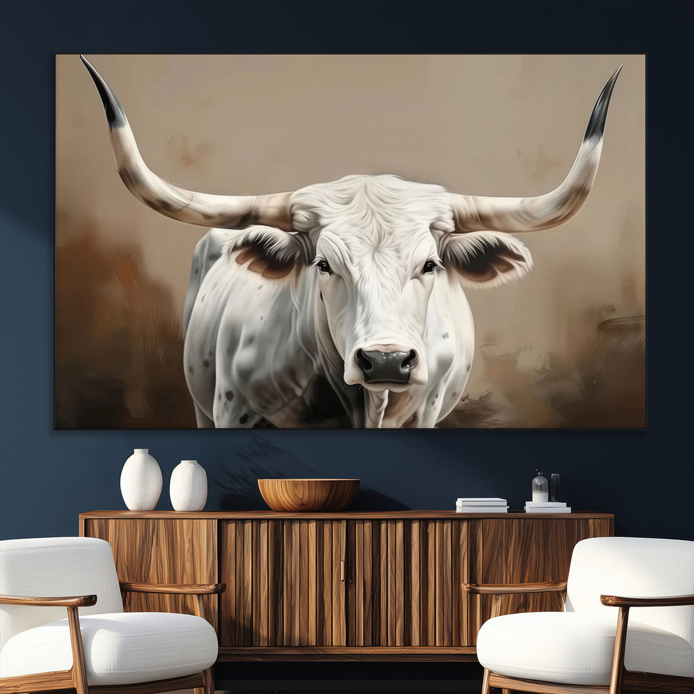 61423-SEG-FC-51X34_Oversize_Oversize-White Longhorn Bull Wall Art Canvas Print – Framed and Ready to Hang – Perfect for Farmhouse and