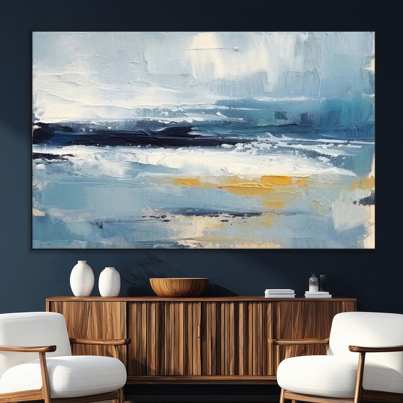 -Abstract Ocean Canvas Wall Art - Coastal Blue and Gold Textured Painting, Modern Seascape Decor for