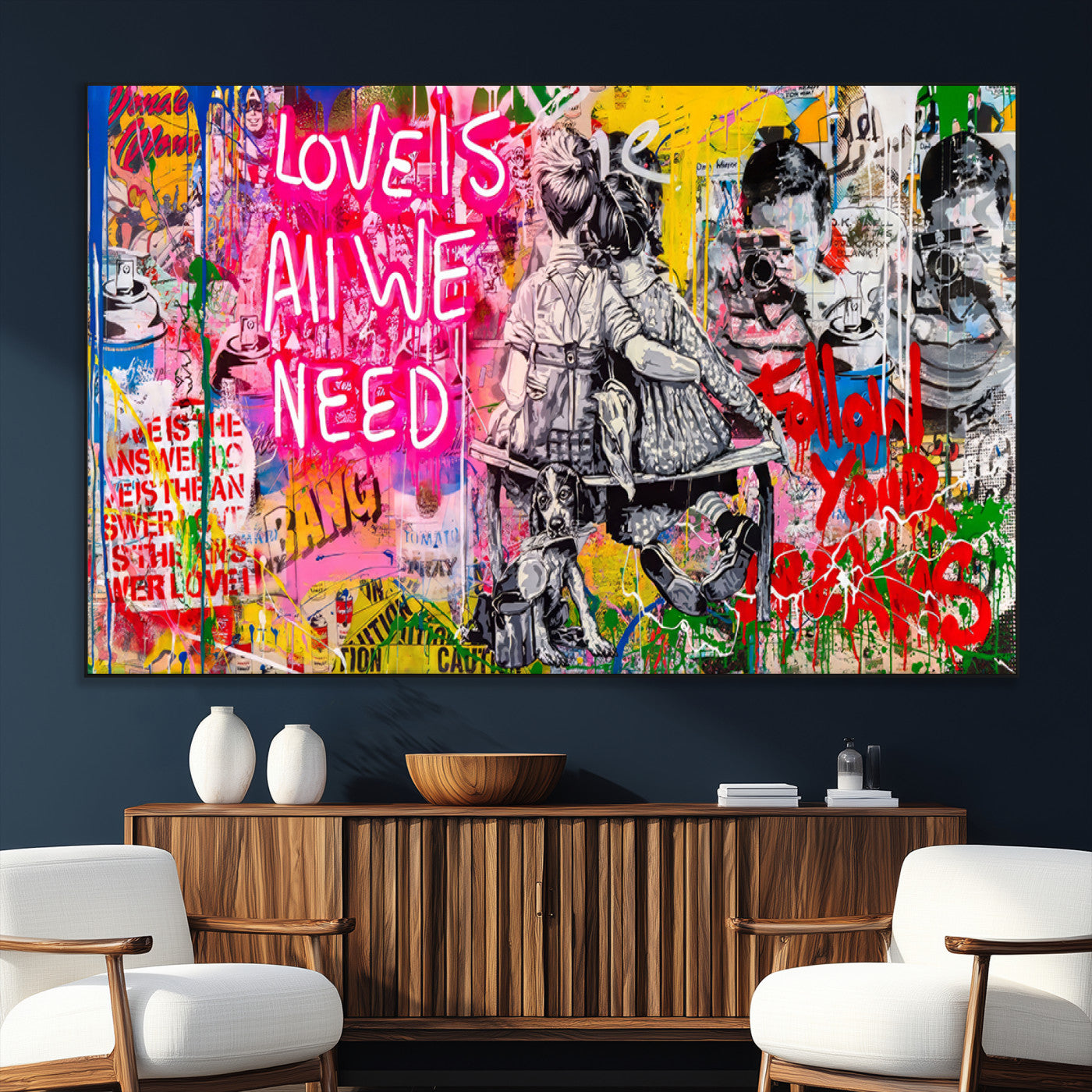 SEG-FC-51X34_Oversize - Follow Your Dreams & Love is All We Need Graffiti Street Art Triptych | Colorful Urban Wall Art