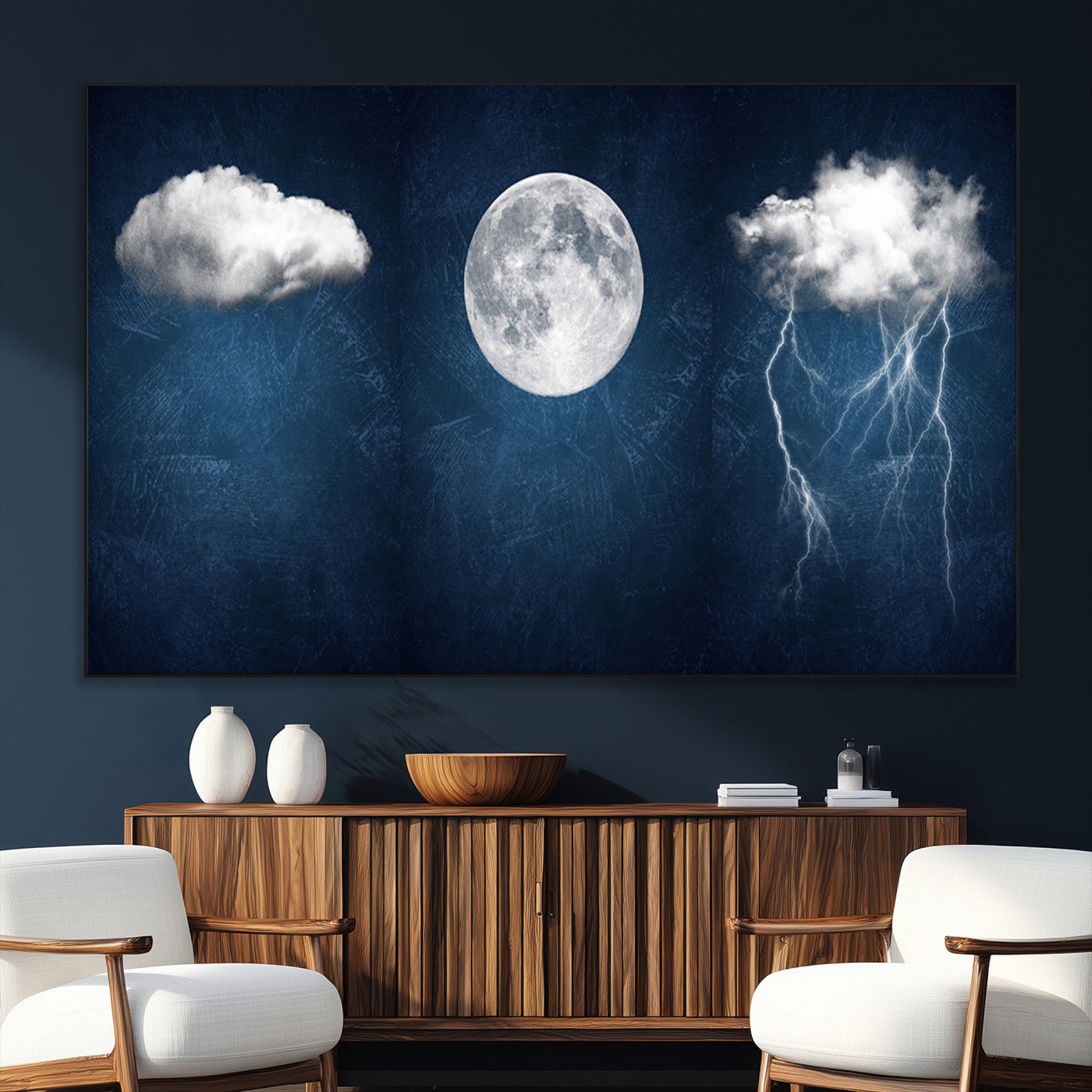 -Dark Blue Cloud Art, 3 Piece Indigo Blue Wall Art, Aesthetic Surreal Art, Thunderstorm Moon Cloud