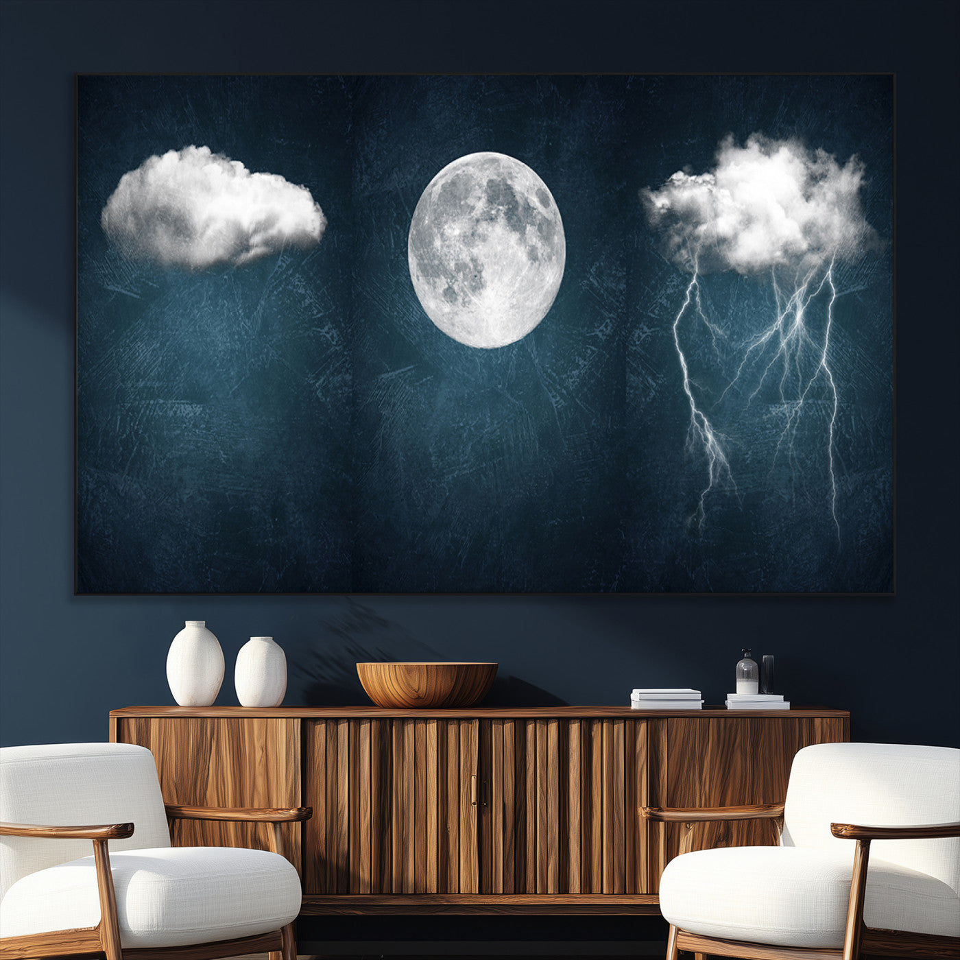17673-SEG-FC-51X34_Oversize_Oversize-3 Piece Indigo Cloud Wall Art, Thunderstorm Moon Cloud Artworks