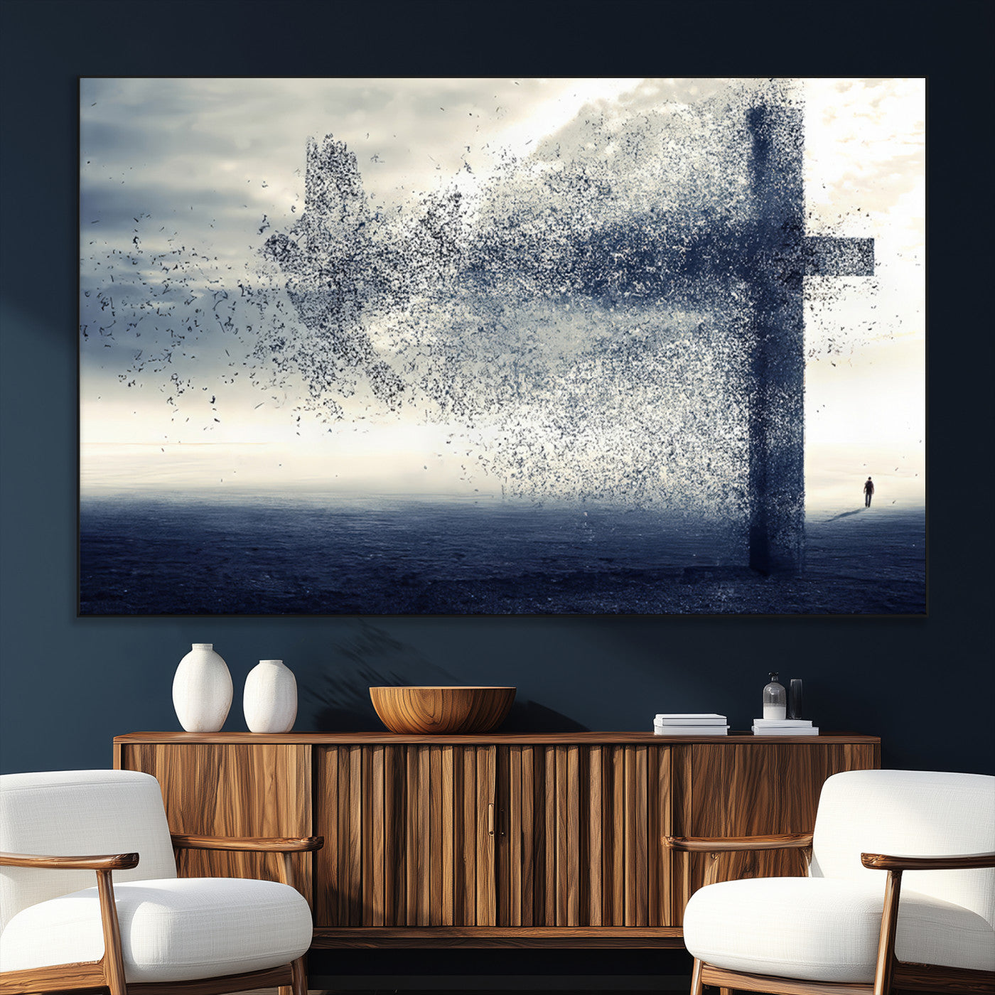 SEG-FC-51X34_Oversize - Jesus and the Fading Cross Wall Art Print – Symbol of Faith, Christian Wall Art Canvas Print, Framed