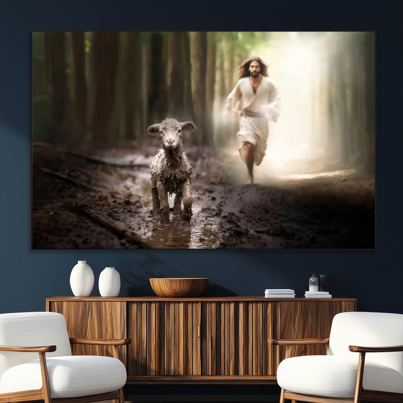 SEG-FC-51X34_Oversize - Jesus Canvas Wall Art - Jesus Running After Lost Lamb, Jesus, Christian Home Decor - Church Wall Art