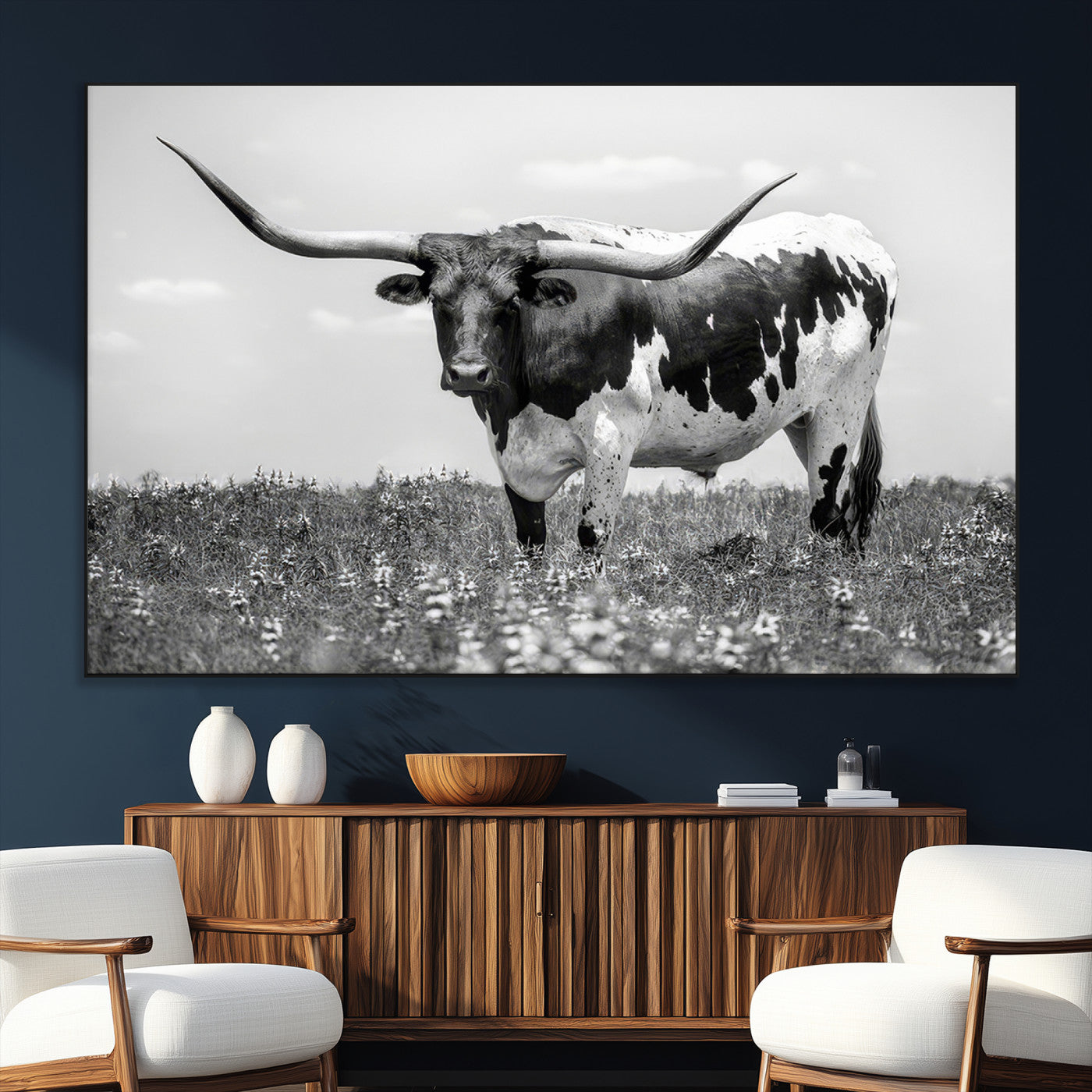 94709-SEG-FC-51X34_Oversize_Oversize-Texas Black White Highland Longhorn Cow Wall Art Canvas Print