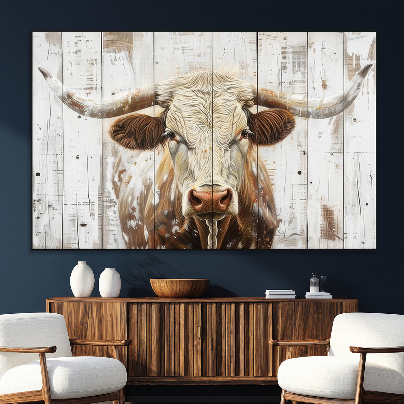71551-SEG-FC-51X34_Oversize_Oversize-Rustic Longhorn Bull Wall Art Canvas Set – Western-Inspired Farmhouse Décor - Ready to Hang