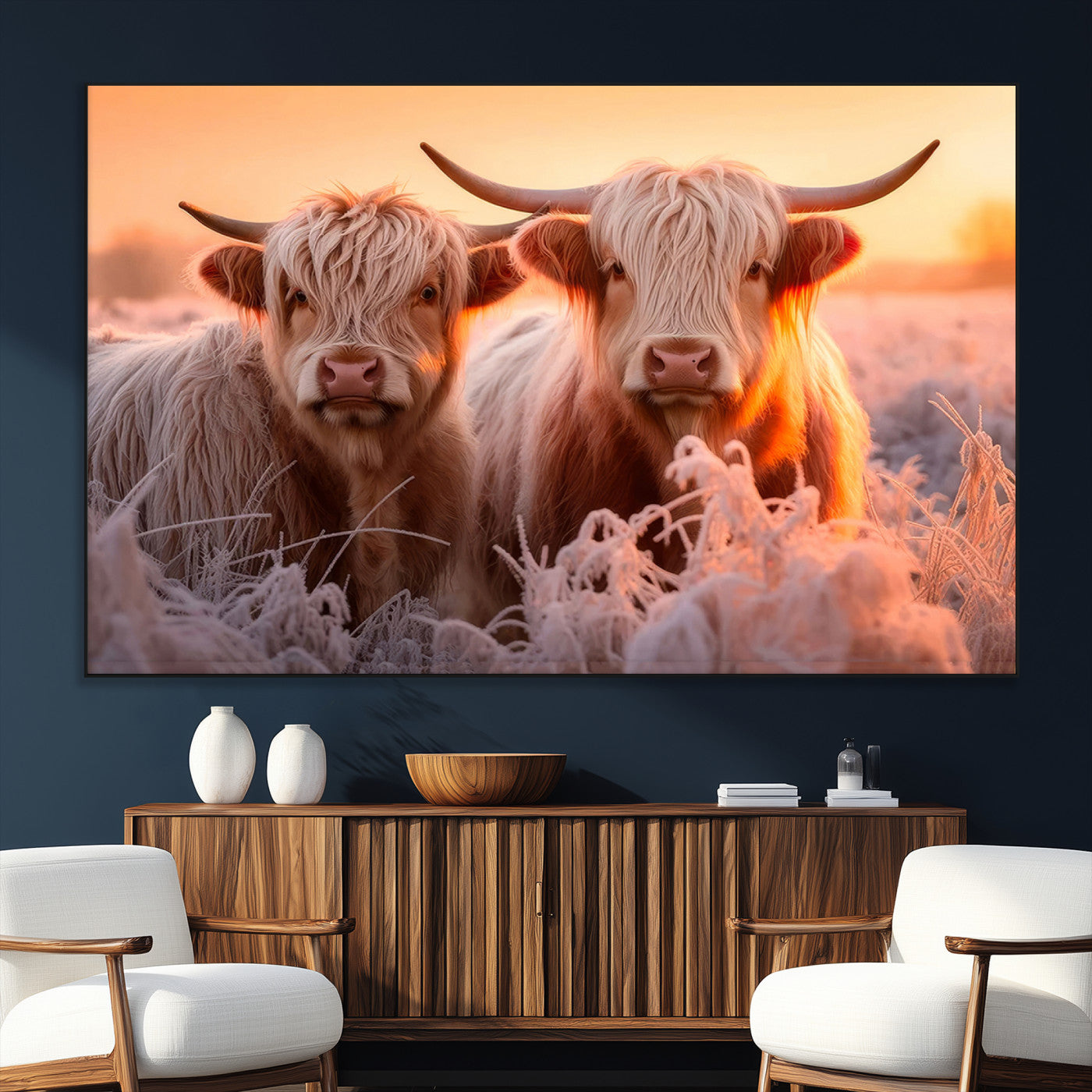 68253-SEG-FC-51X34_Oversize_Oversize-Highland Cows at Sunrise Wall Art Canvas Set – Serene and Rustic Farmhouse Decor
