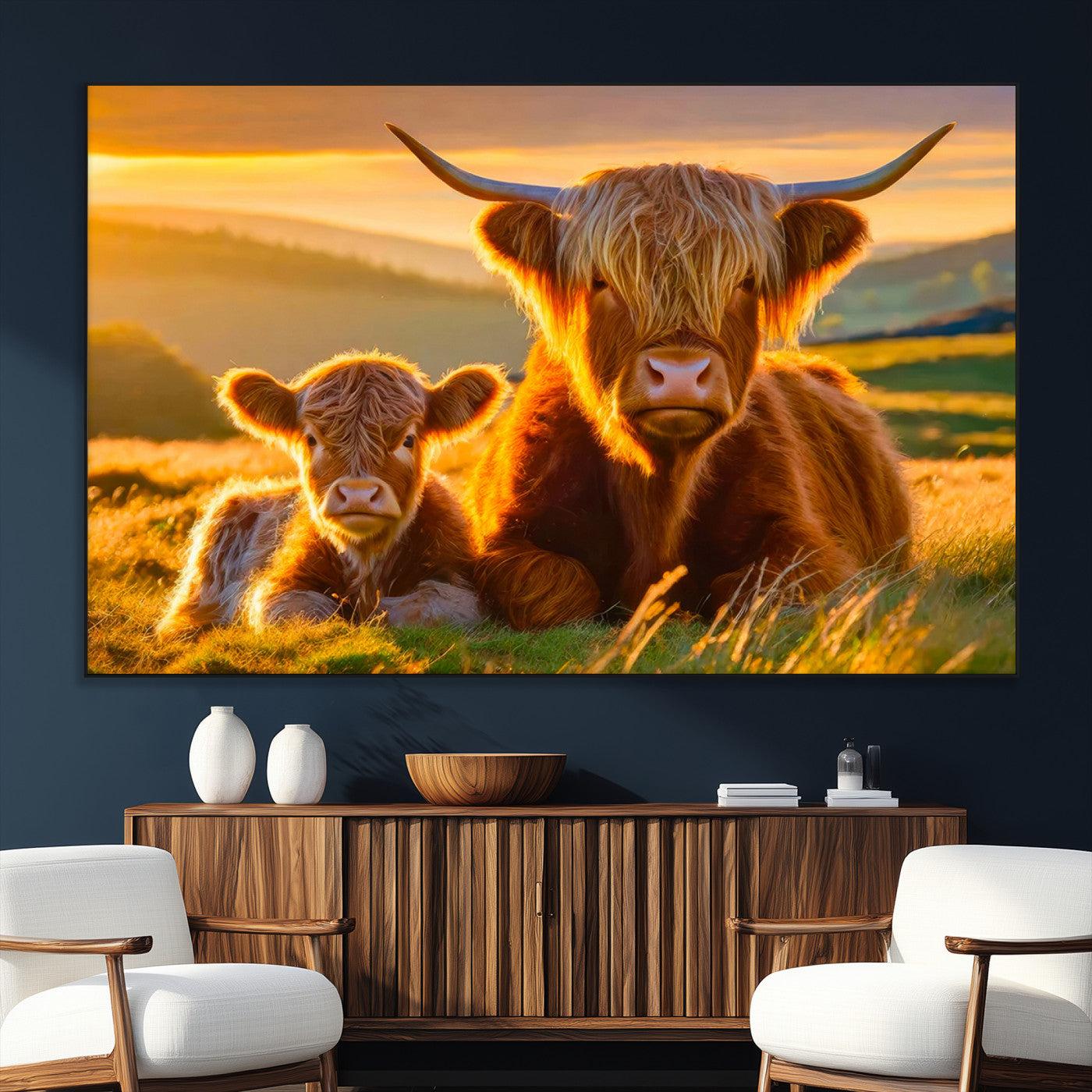 20567-SEG-FC-51X34_Oversize_Oversize-Scottish Cow and Baby Cow Canvas Wall Art Animal Print Fluffy Cattle Framed Farmhouse Decor