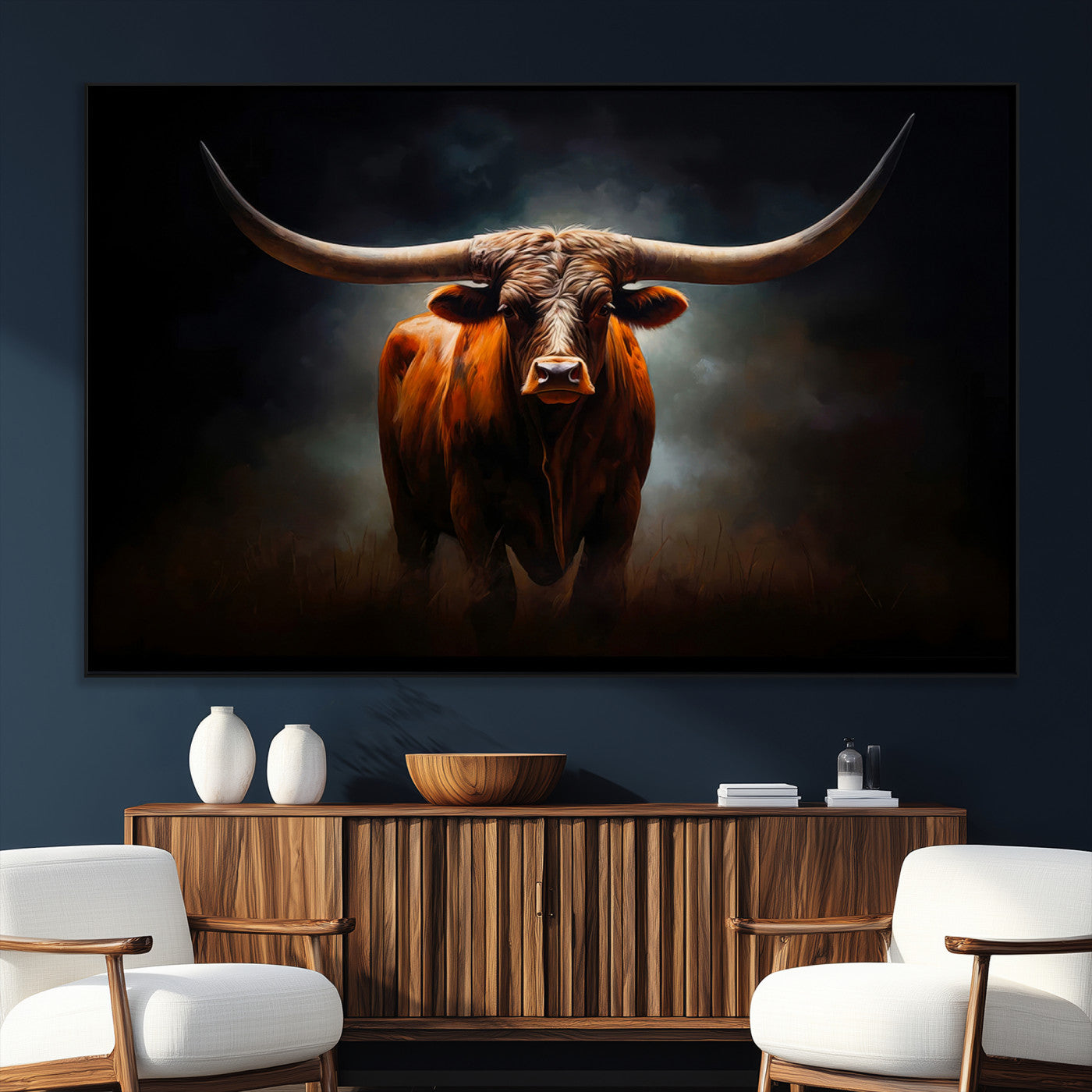 SEG-FC-51X34_Oversize - Abstract Texas Longhorn Wall Art Print | 3-Panel Large Texas Longhorn Canvas Print for Living Room,
