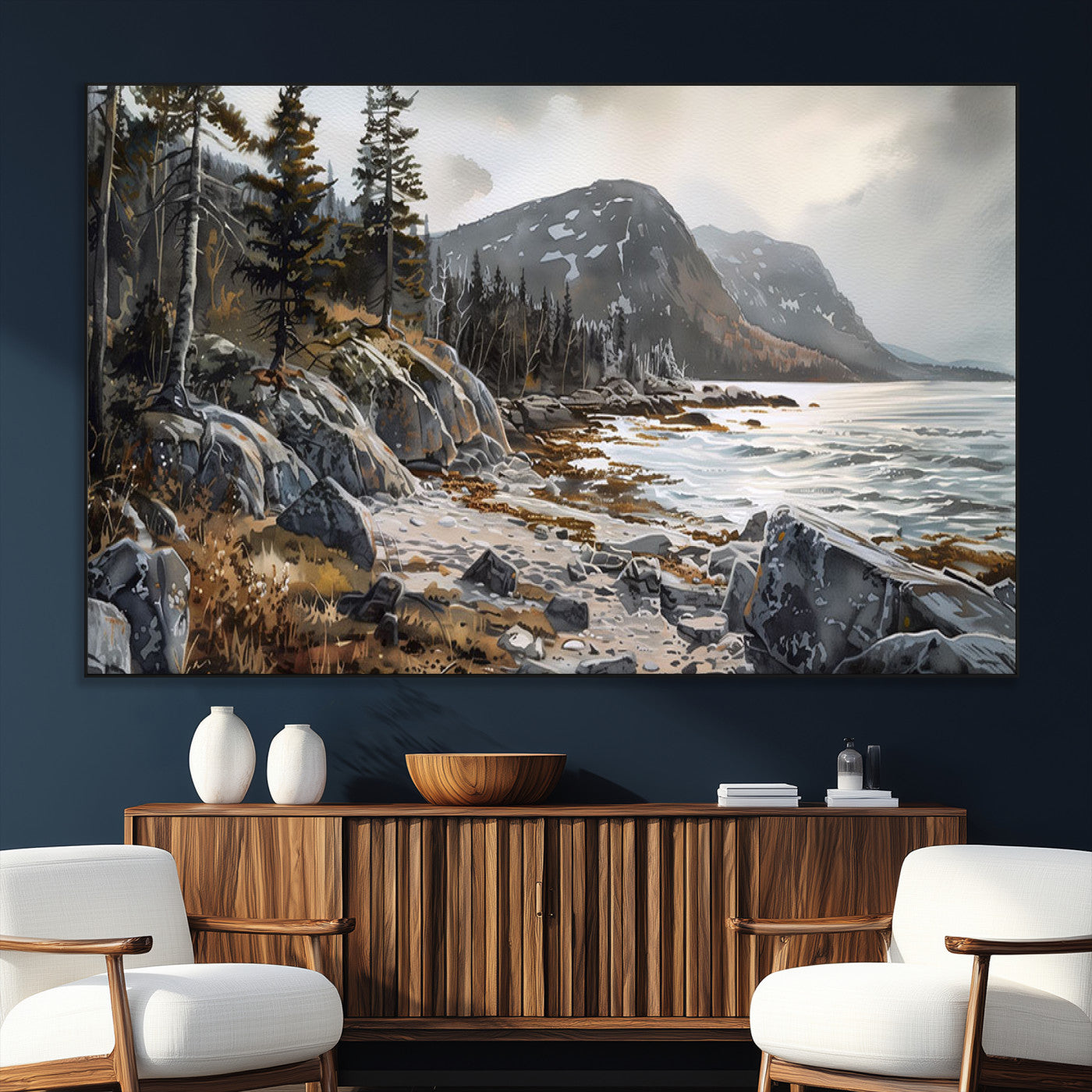 41281-SEG-FC-51X34_Oversize_Oversize-Serene Coastal View of Acadia National Park - Stunning 3-Panel Wall Art Canvas Print, Framed, Ready