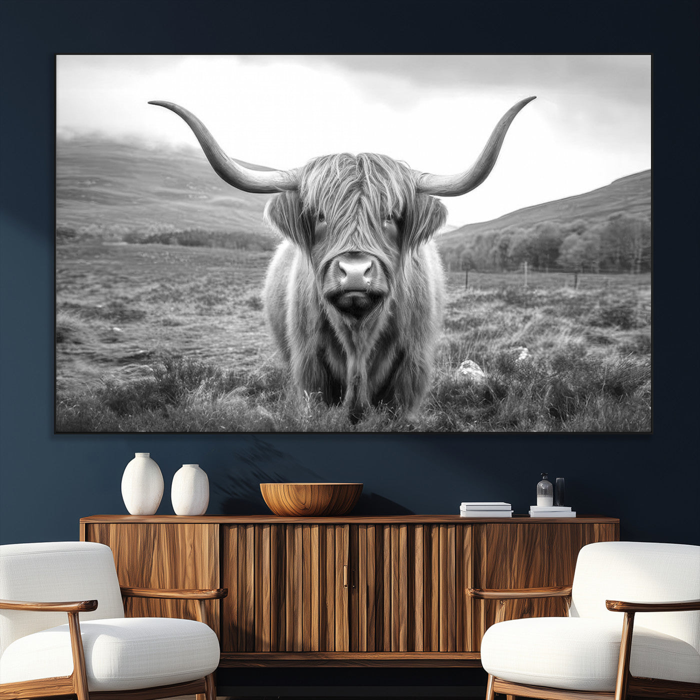 SEG-FC-51X34_Oversize - Black White Scottish Highland Cow Canvas Farm Wall Art Canvas Print