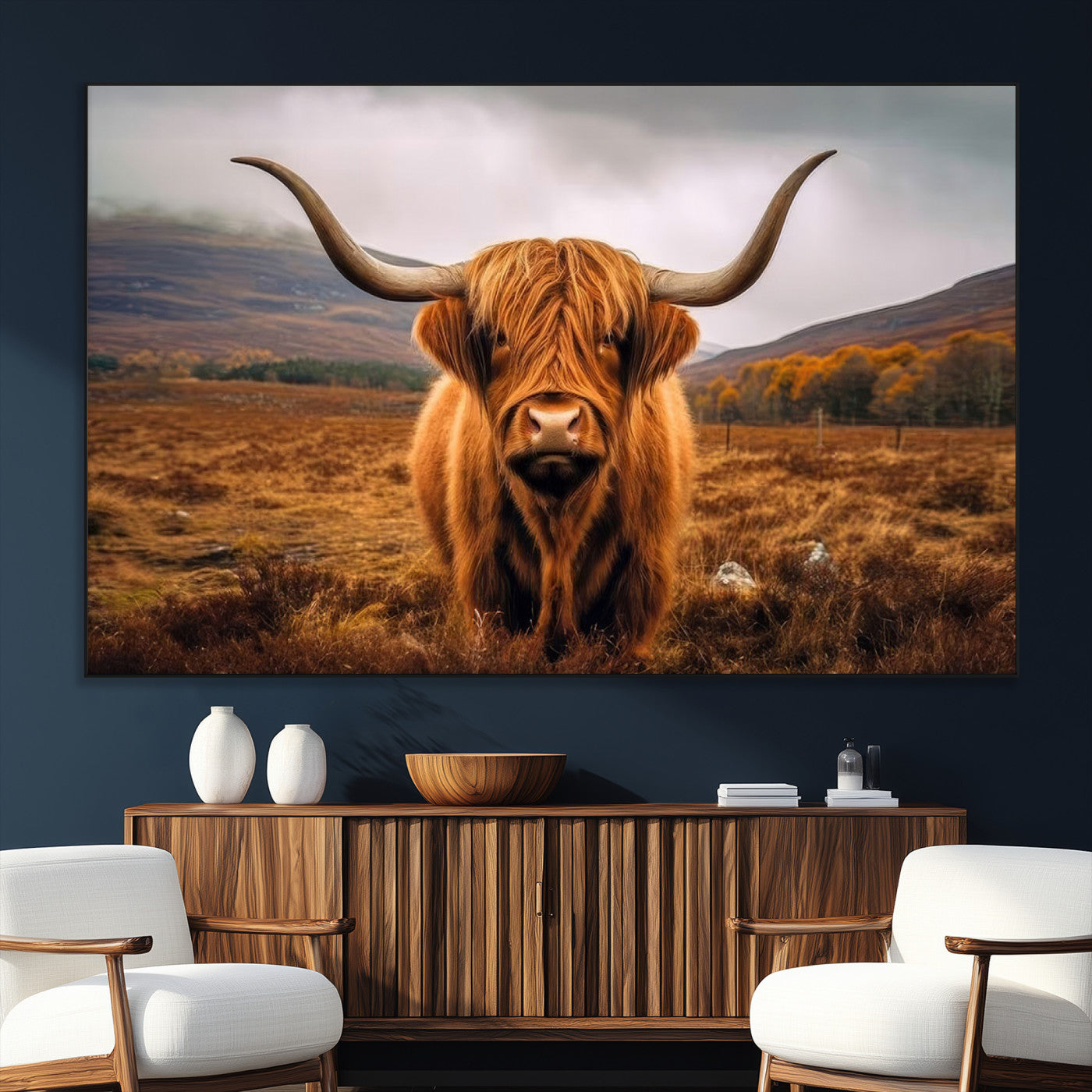 65529-SEG-FC-51X34_Oversize_Oversize-Highland Cow Longhorn Wall Art – Rustic Canvas Print, Framed and Ready to Hang for Farmhouse Décor